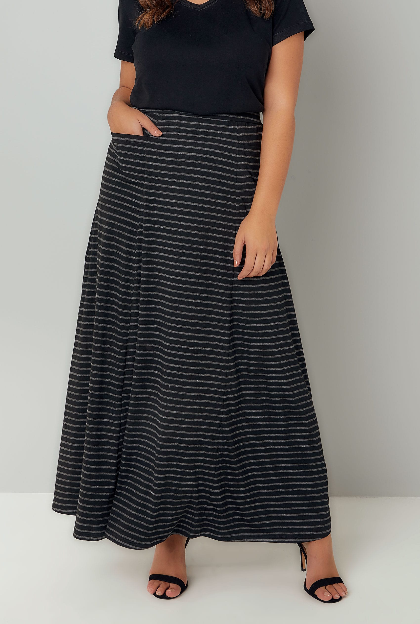 Black & Grey Stripe Maxi Skirt With Pockets, Plus size 16 to 36