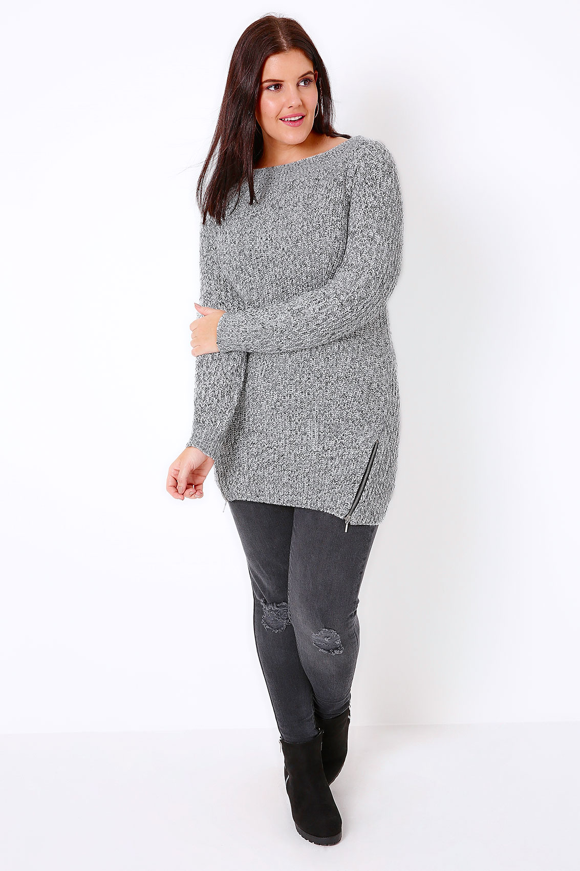 Black & Ivory Knitted jumper With Zip Hem Detail, Plus Size 16 to 32