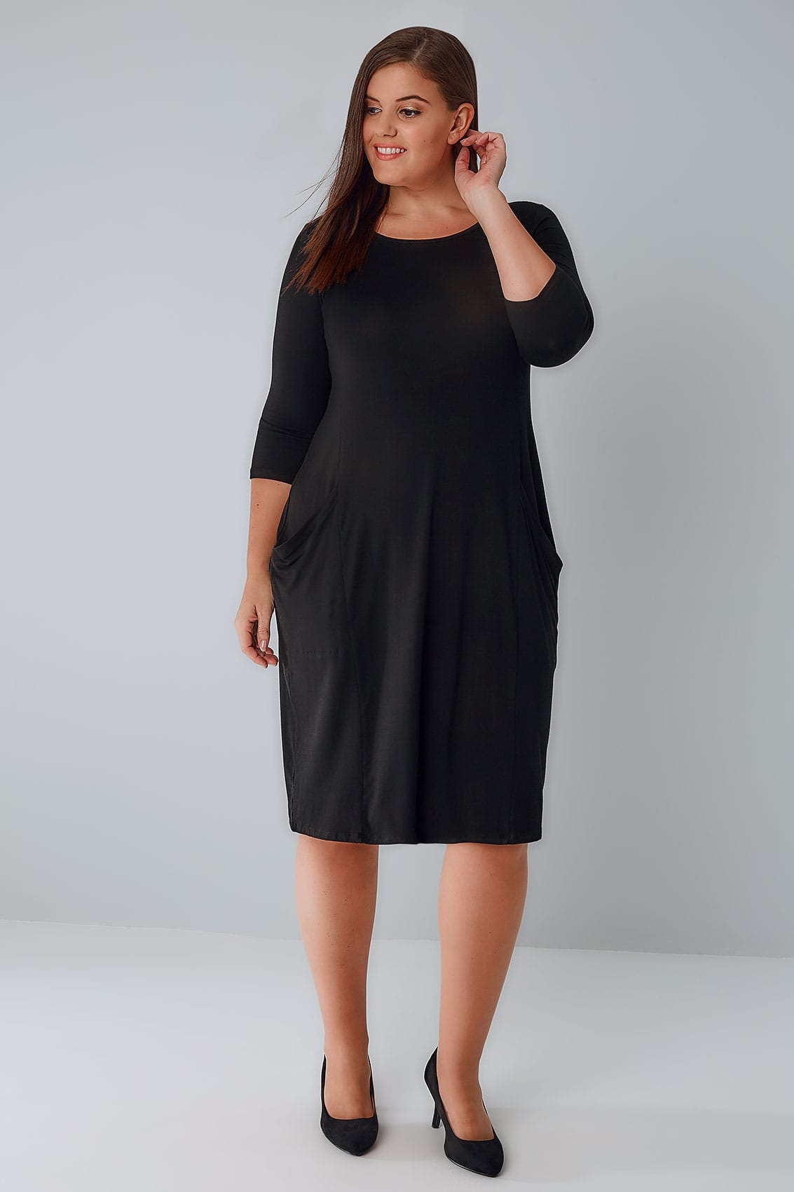 Black Jersey Dress With Drop Pockets & 3/4 Length Sleeves, Plus size 16 ...