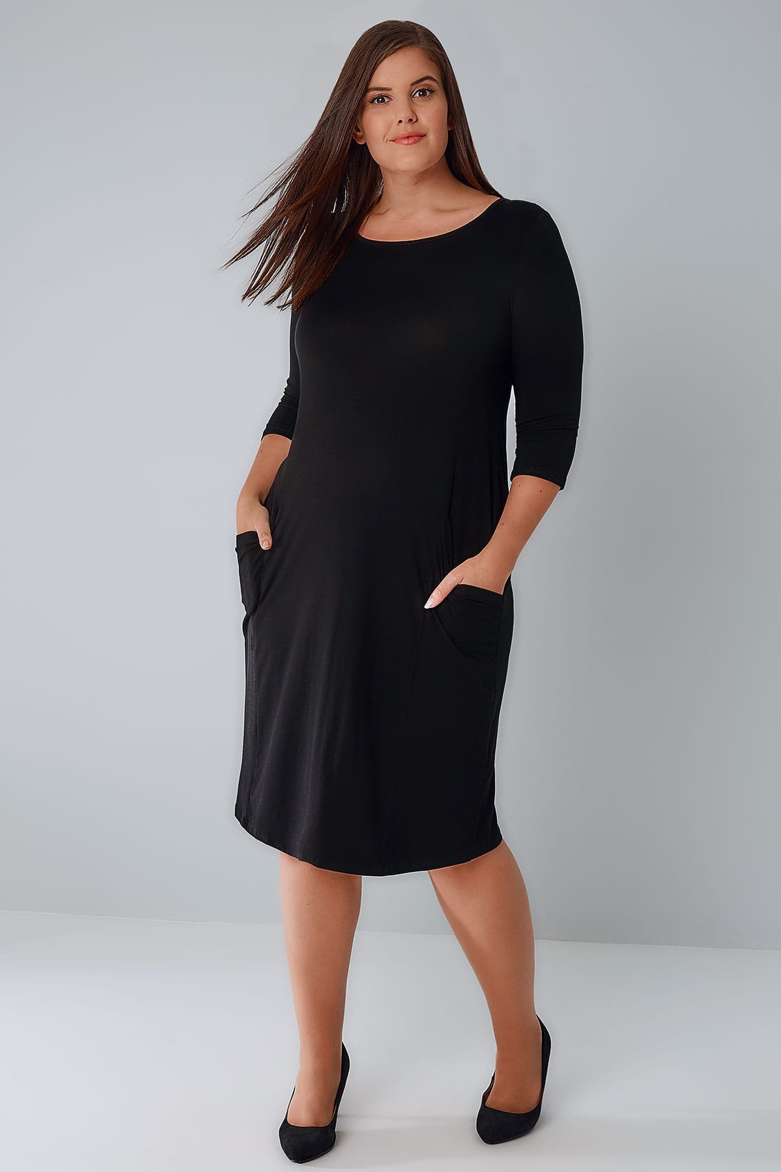 Black Jersey Dress With Drop Pockets & 3/4 Length Sleeves, Plus size 16 ...