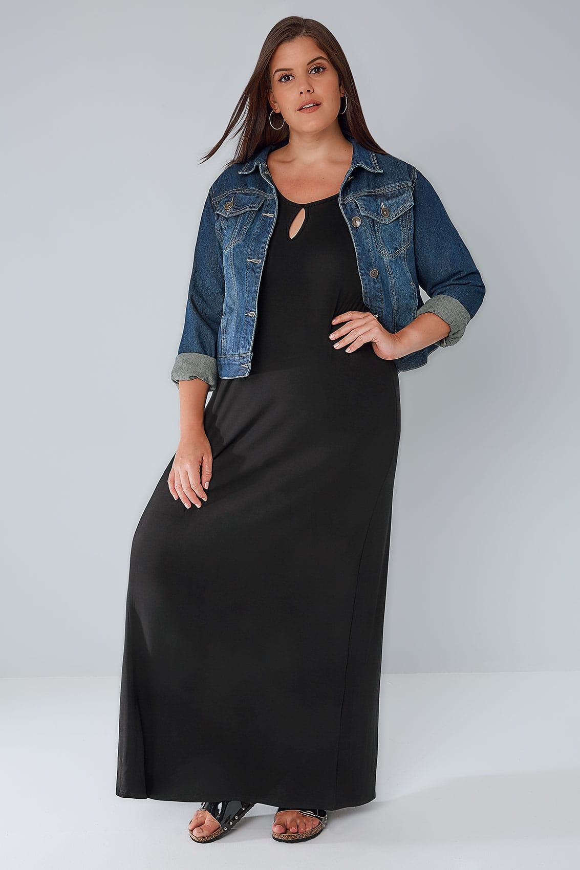 Black Jersey Maxi Dress With Keyhole Detail, Plus size 16 to 36
