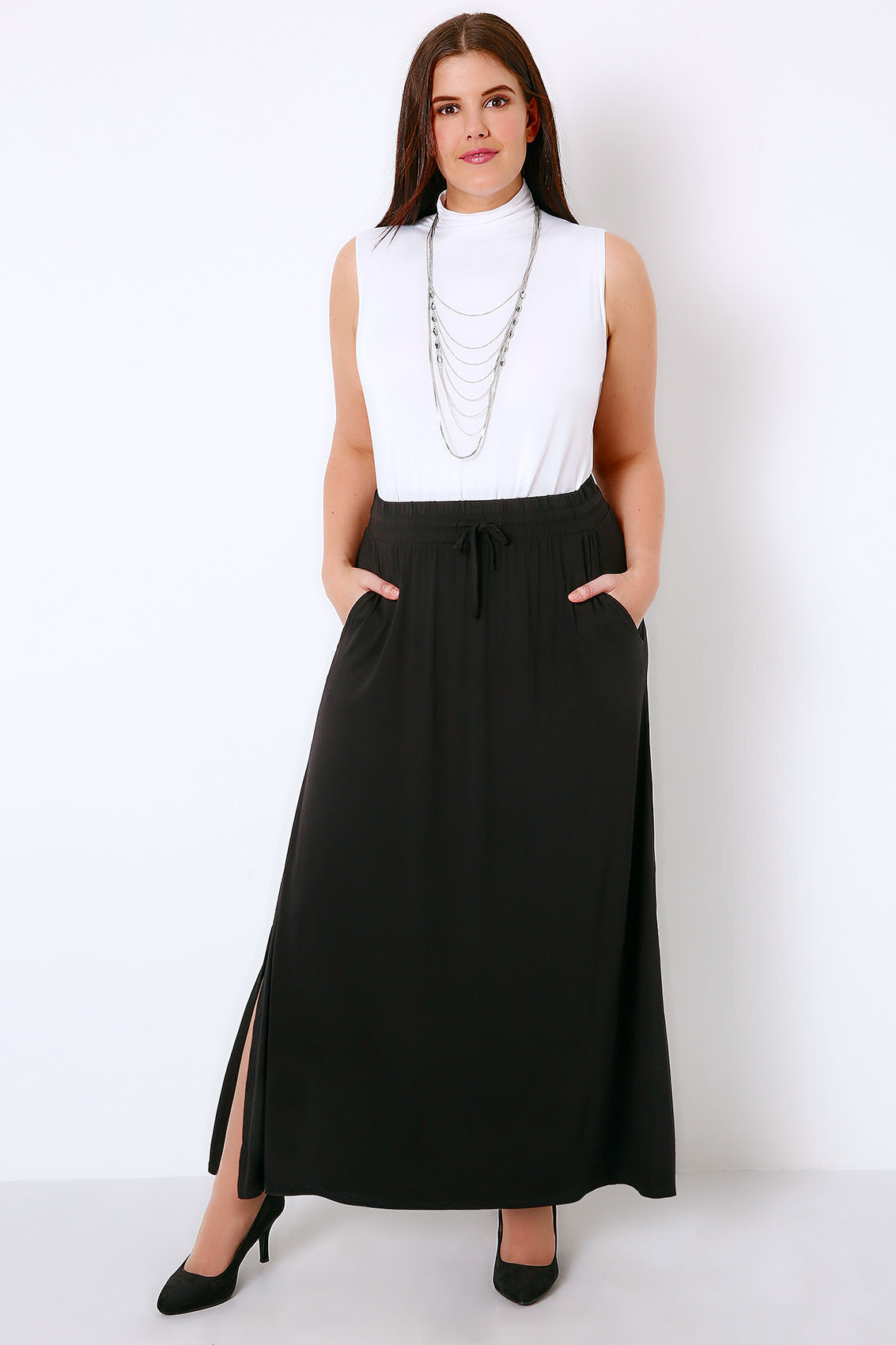 Black Pull On Maxi Skirt With Side Splits, Plus size 16 to 36