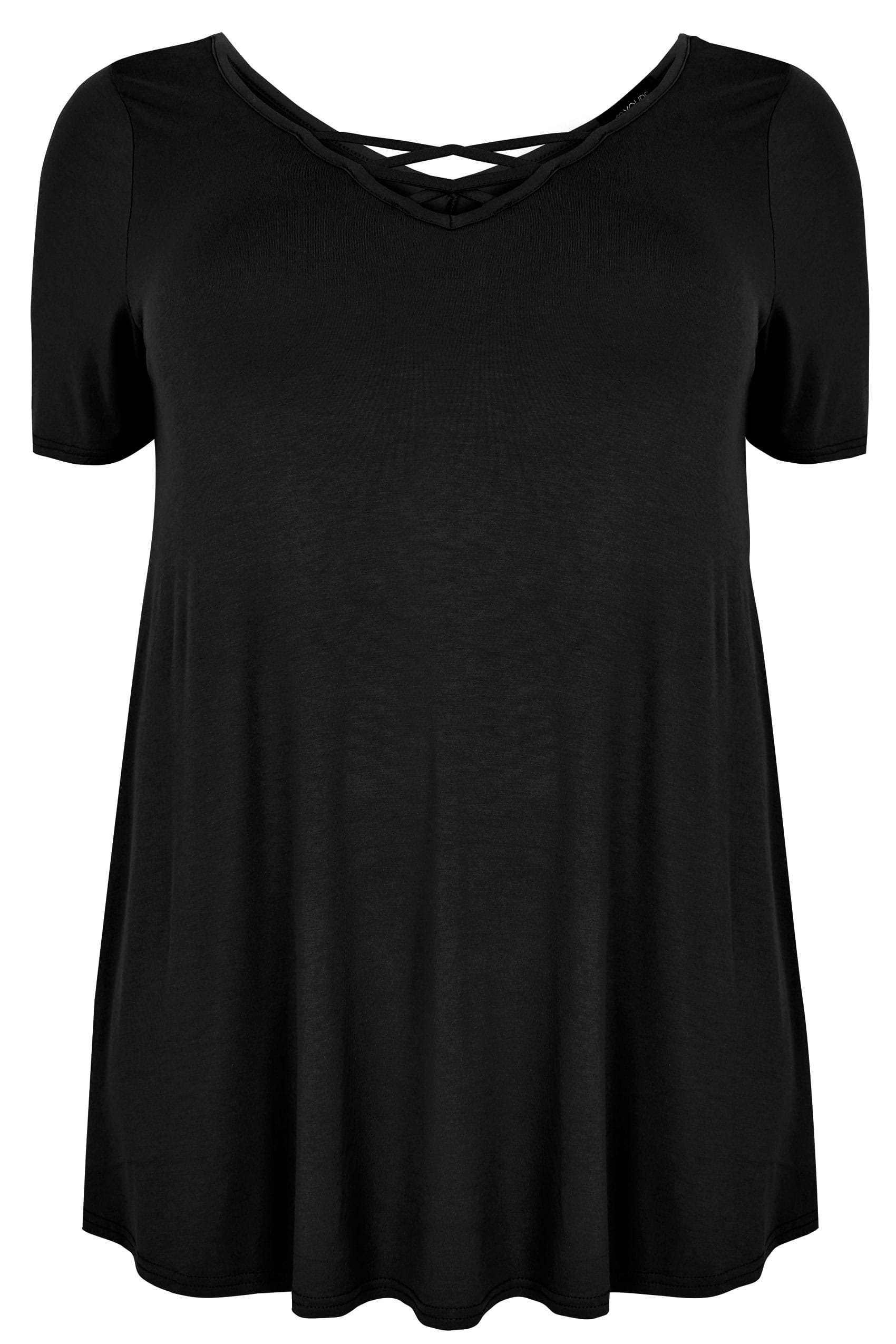 Black Jersey T-shirt With Cross Over Straps, Plus size 16 to 36