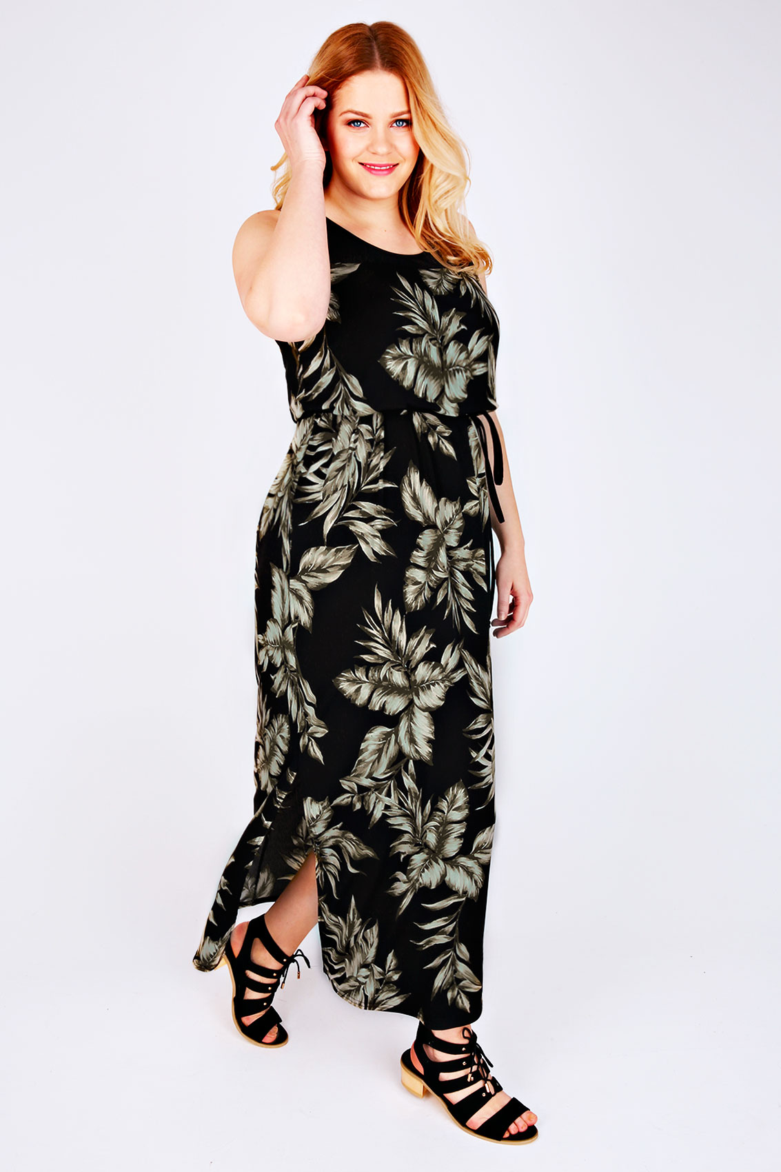 Black & Khaki Leaf Print Maxi Dress With Sheer Panel Plus Size 14 to 36