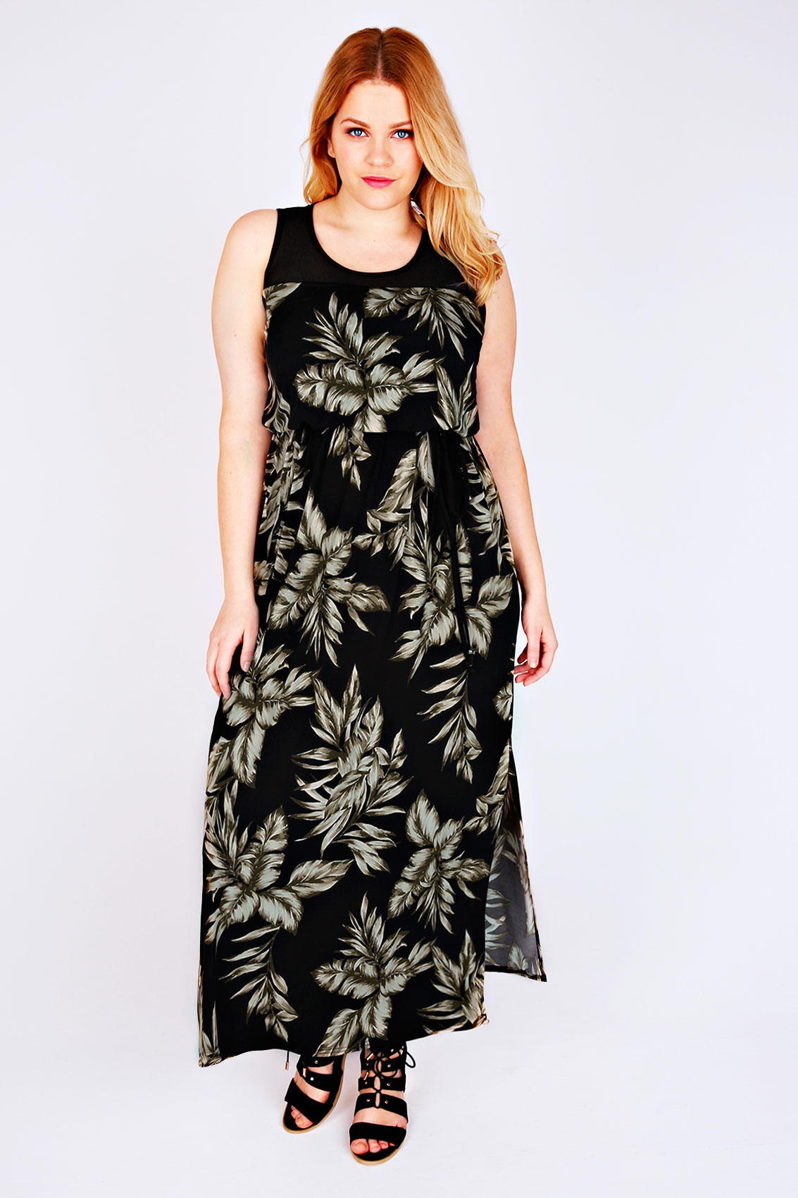 Black & Khaki Leaf Print Maxi Dress With Sheer Panel Plus Size 14 to 36