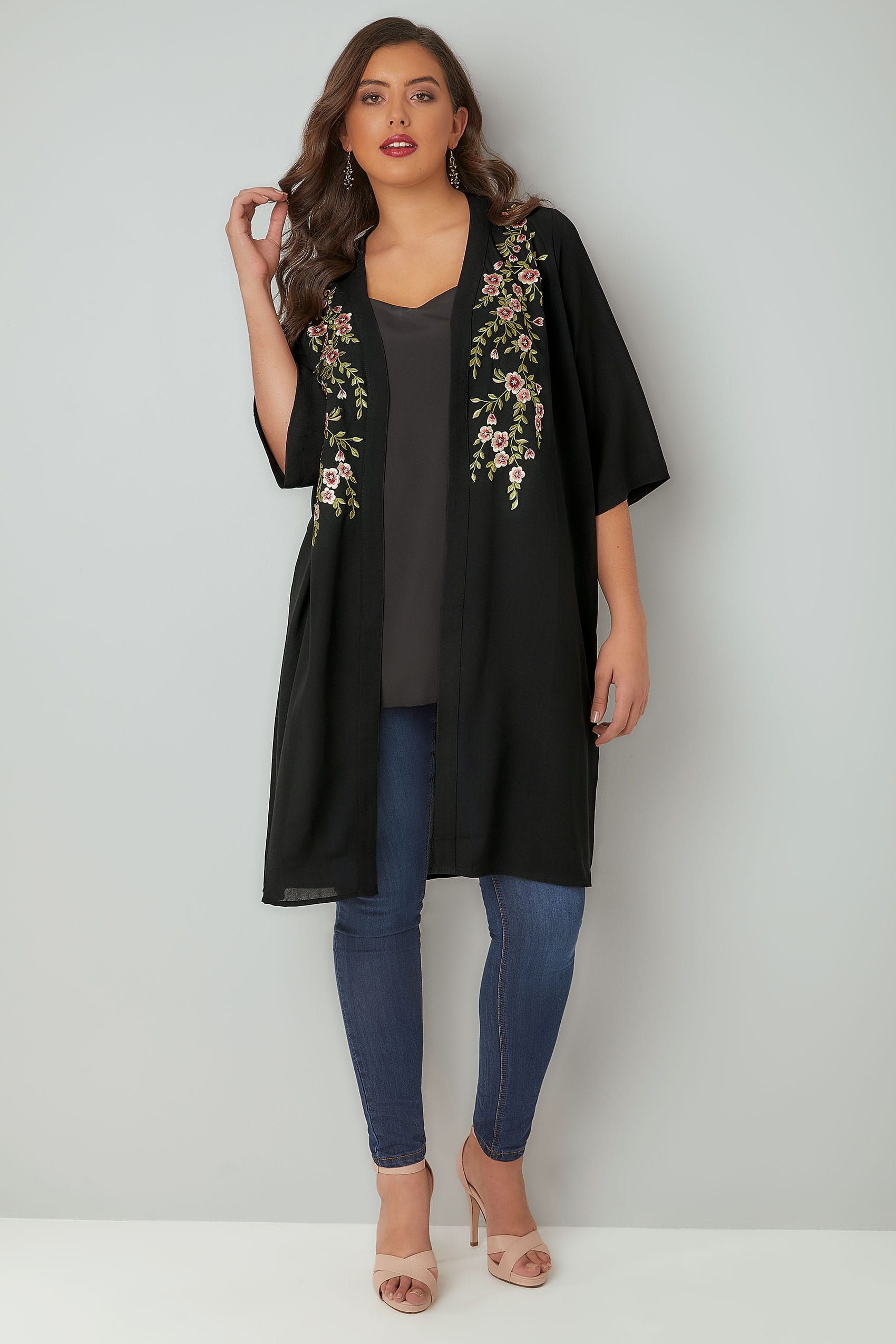 Black Kimono With Floral Embroidery, Plus size 16 to 32