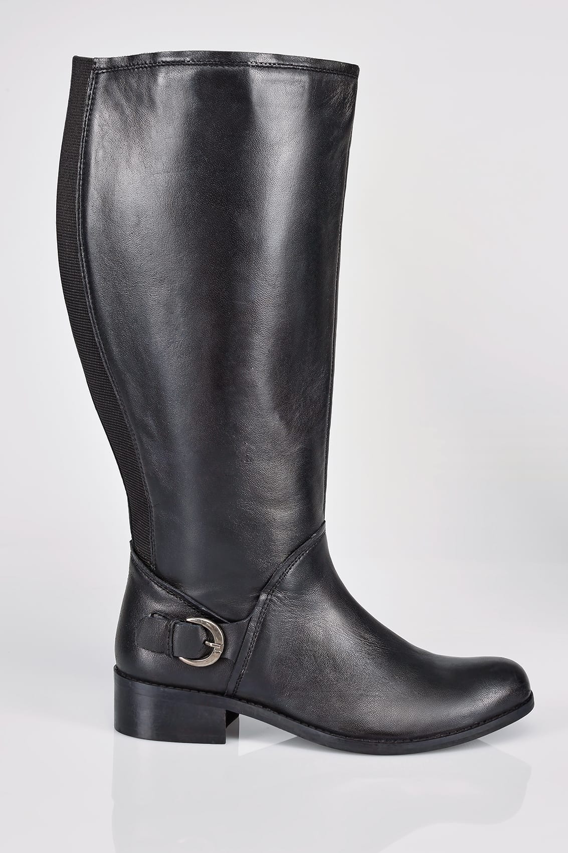 Black Leather Knee High Riding Boots With Buckle Detail In EEE Fit