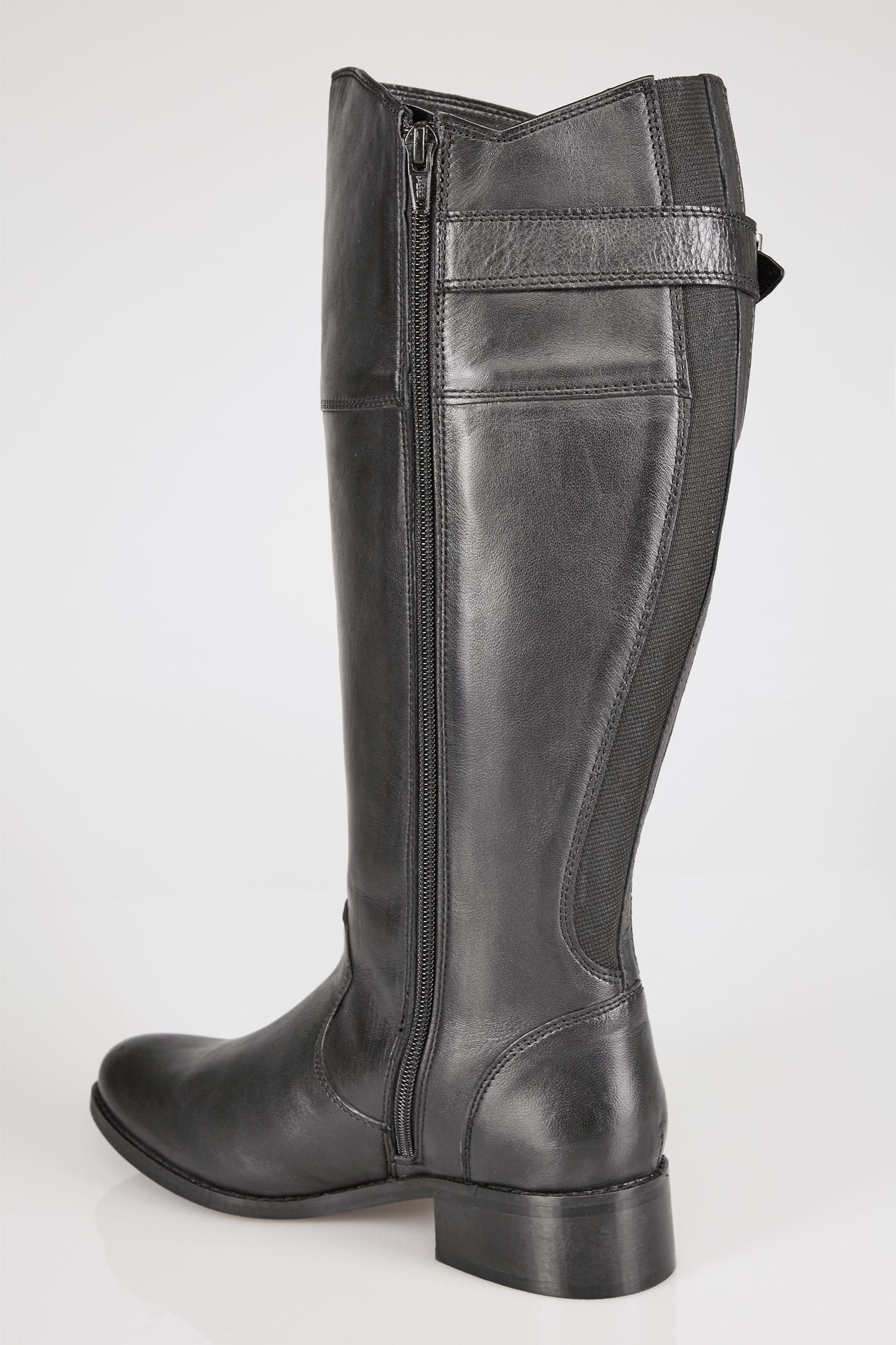 Black Knee High Leather Riding Boots With Elasticated Panels In EEE Fit