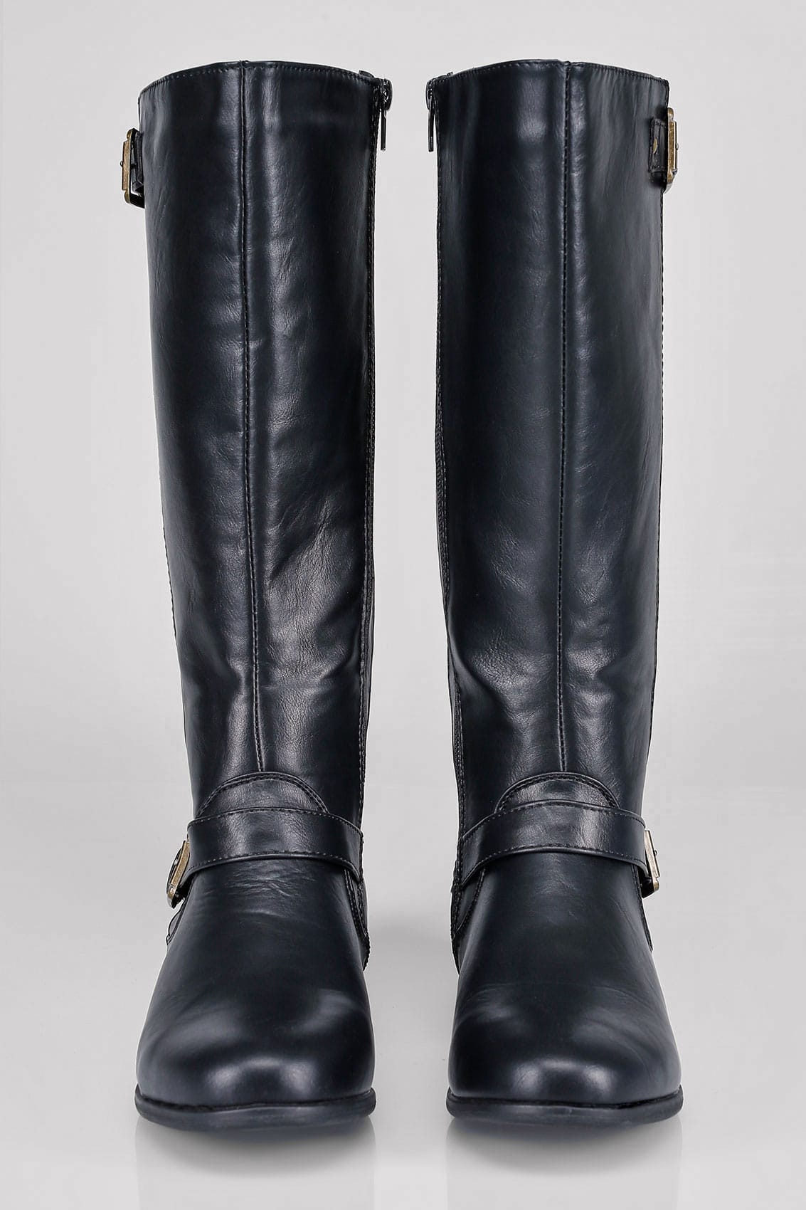 Black Knee High Riding Boots With Buckle Detail With XL Calf Fitting In ...