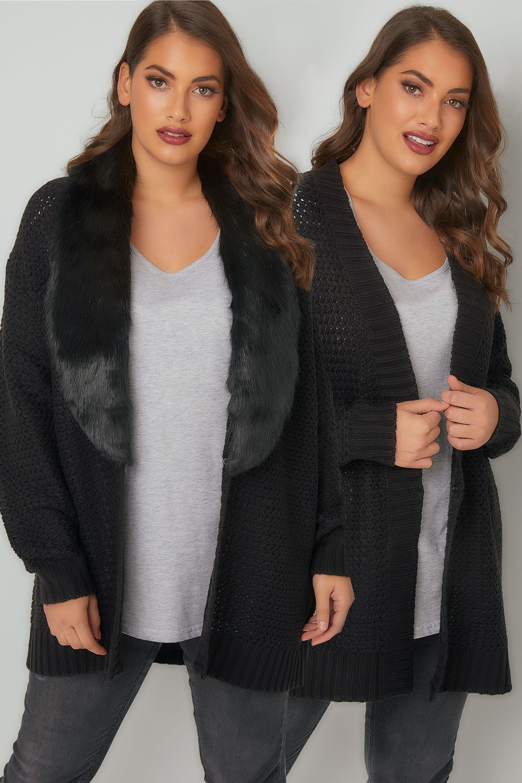 Black Knitted Cardigan With Faux Fur Collar Plus Size 16 To 36