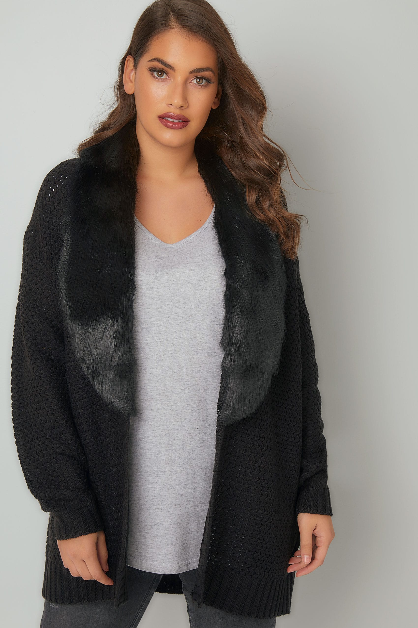 Black Knitted Cardigan With Faux Fur Collar Plus Size 16 To 36