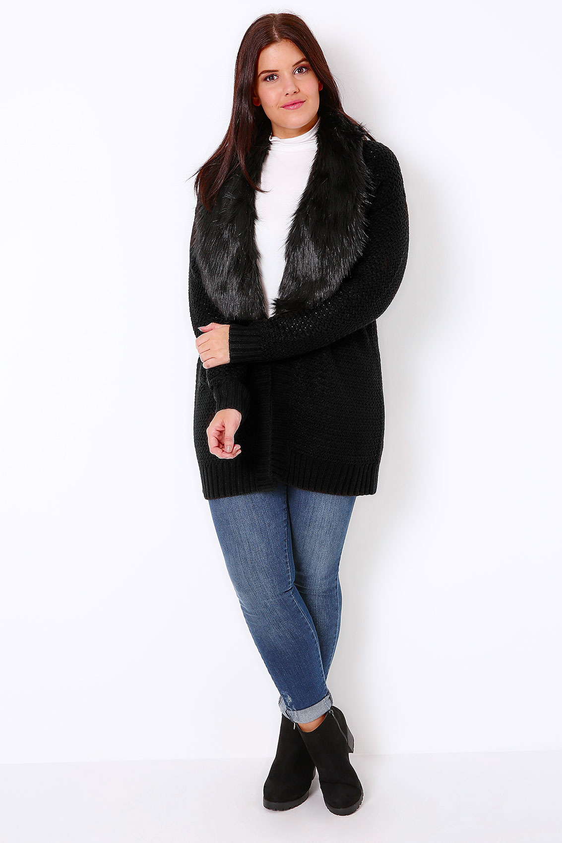 Black Knitted Chunky Cardigan With Fur Collar Trim Plus Size 16 to 32