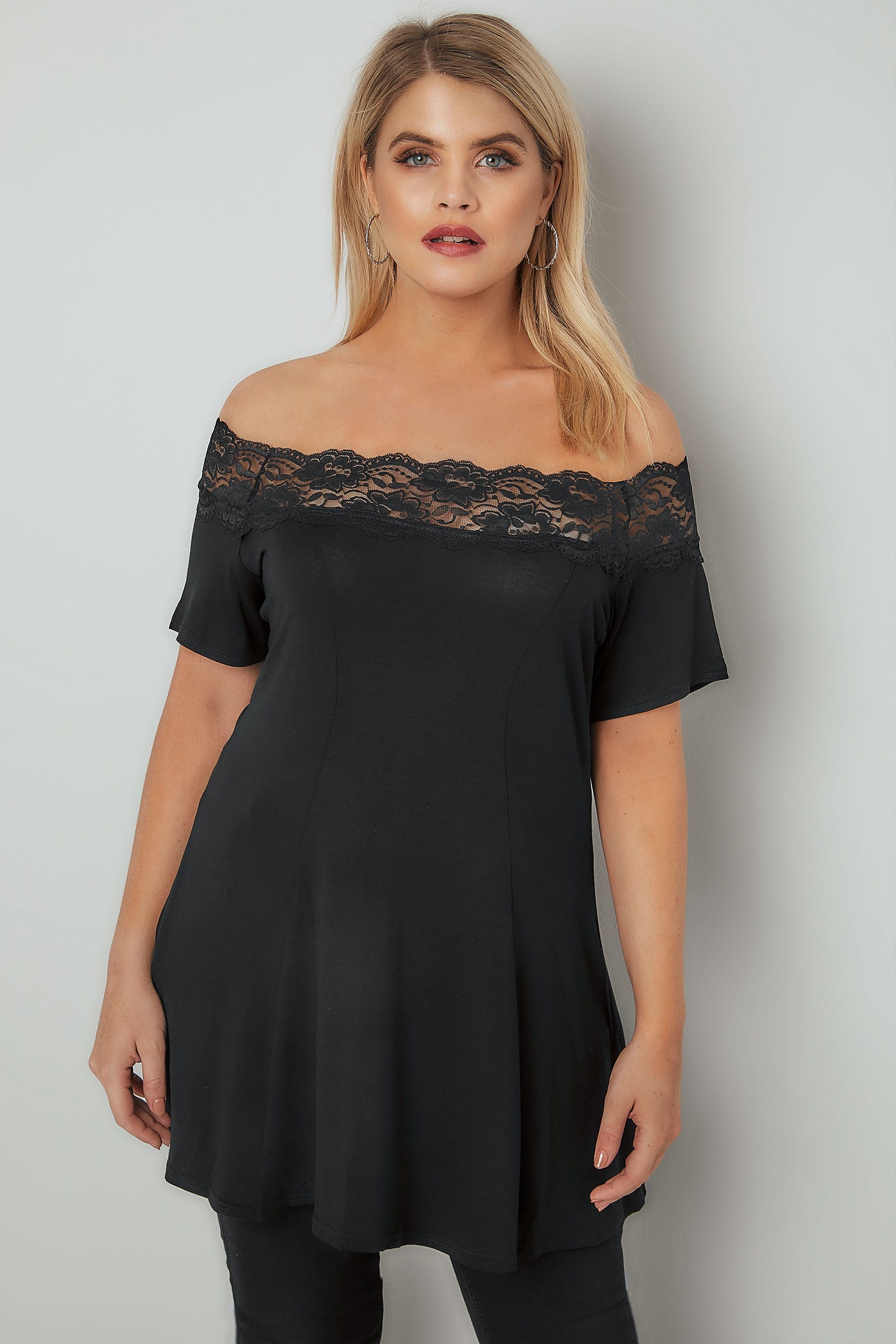 Black Lace Bardot Top With Short Sleeves, Plus Size 16 to 36