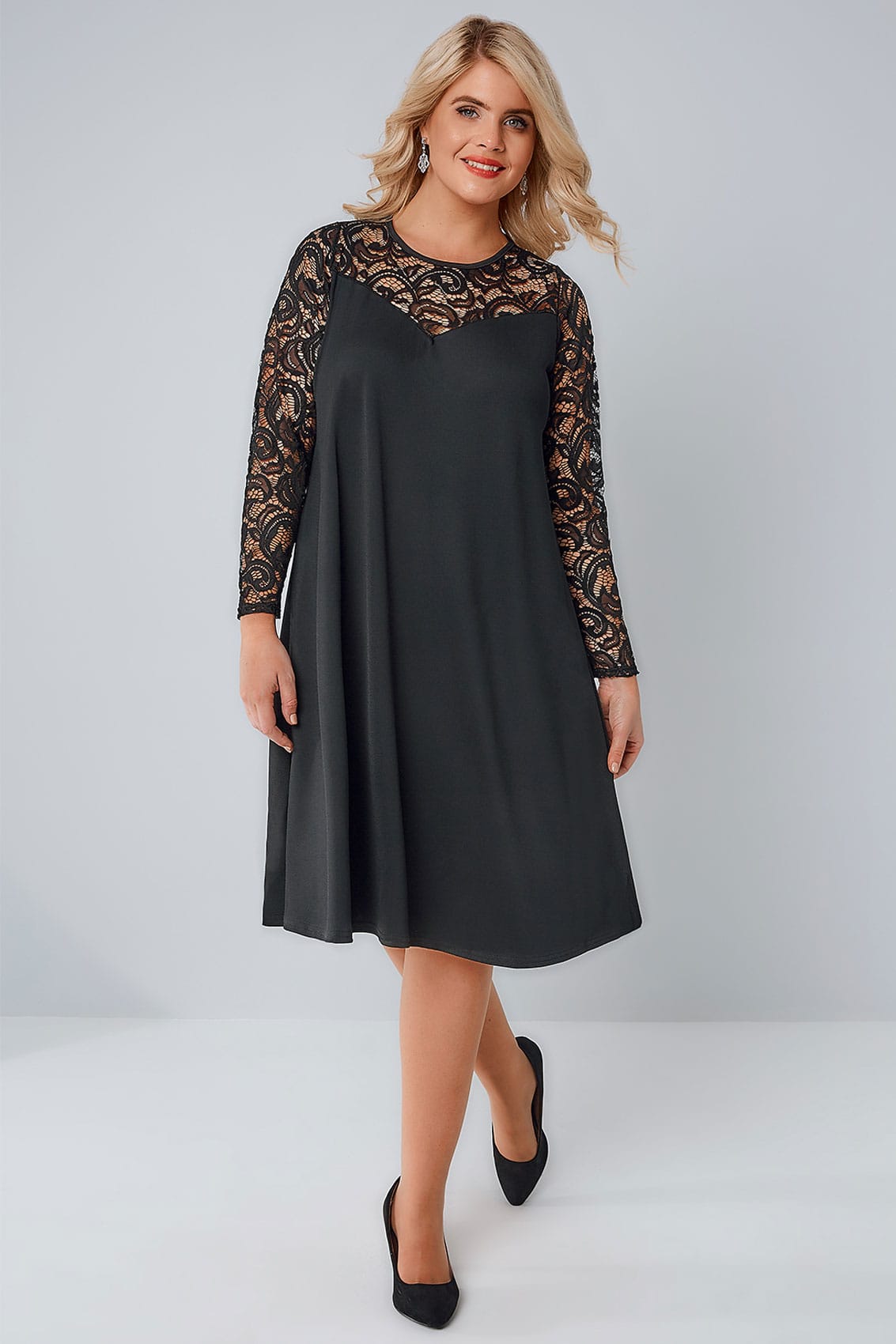 Black Lace & Crepe Mix Swing Dress With Sweetheart Neckline Plus Size ...