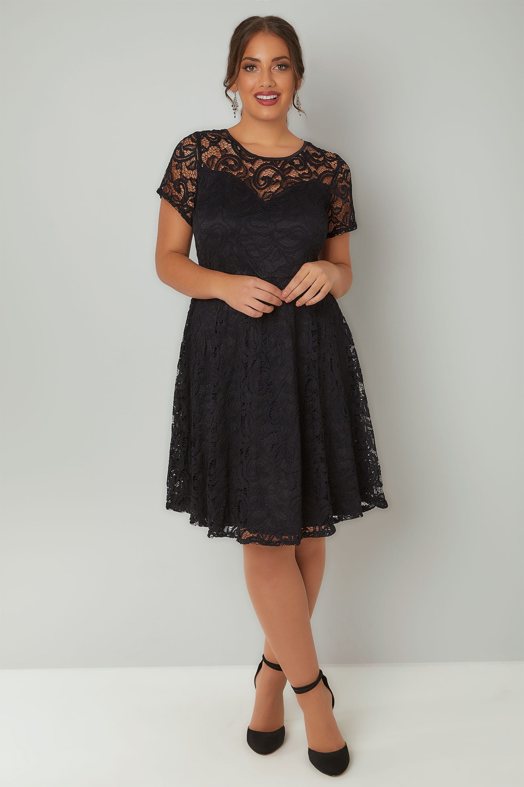 Black Lace Skater Dress With Sweetheart Bust, Plus size 16 to 36