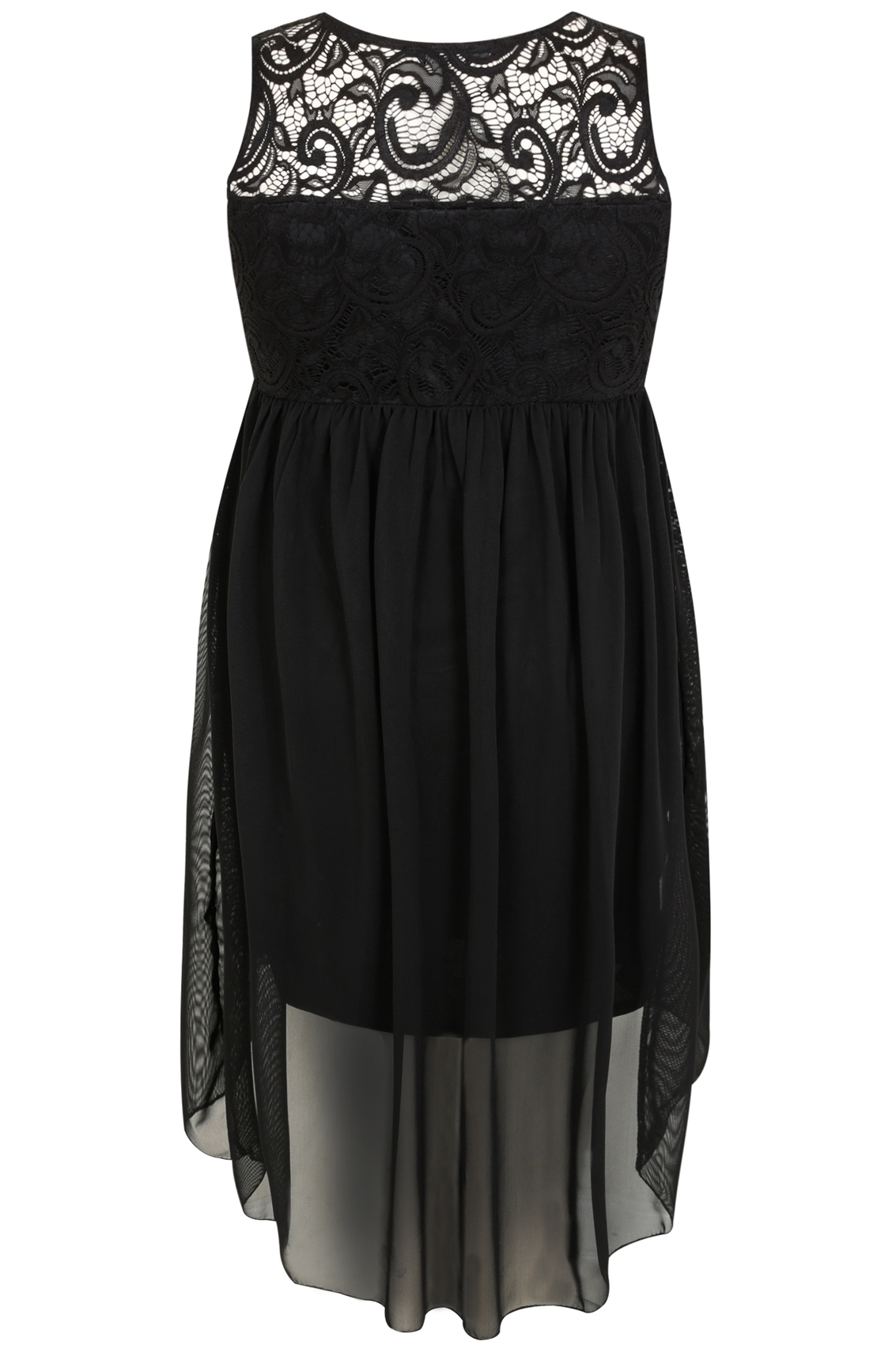 Black Lace & Mesh Sleeveless Dress With Dipped Hem, Plus Size 16 to 32
