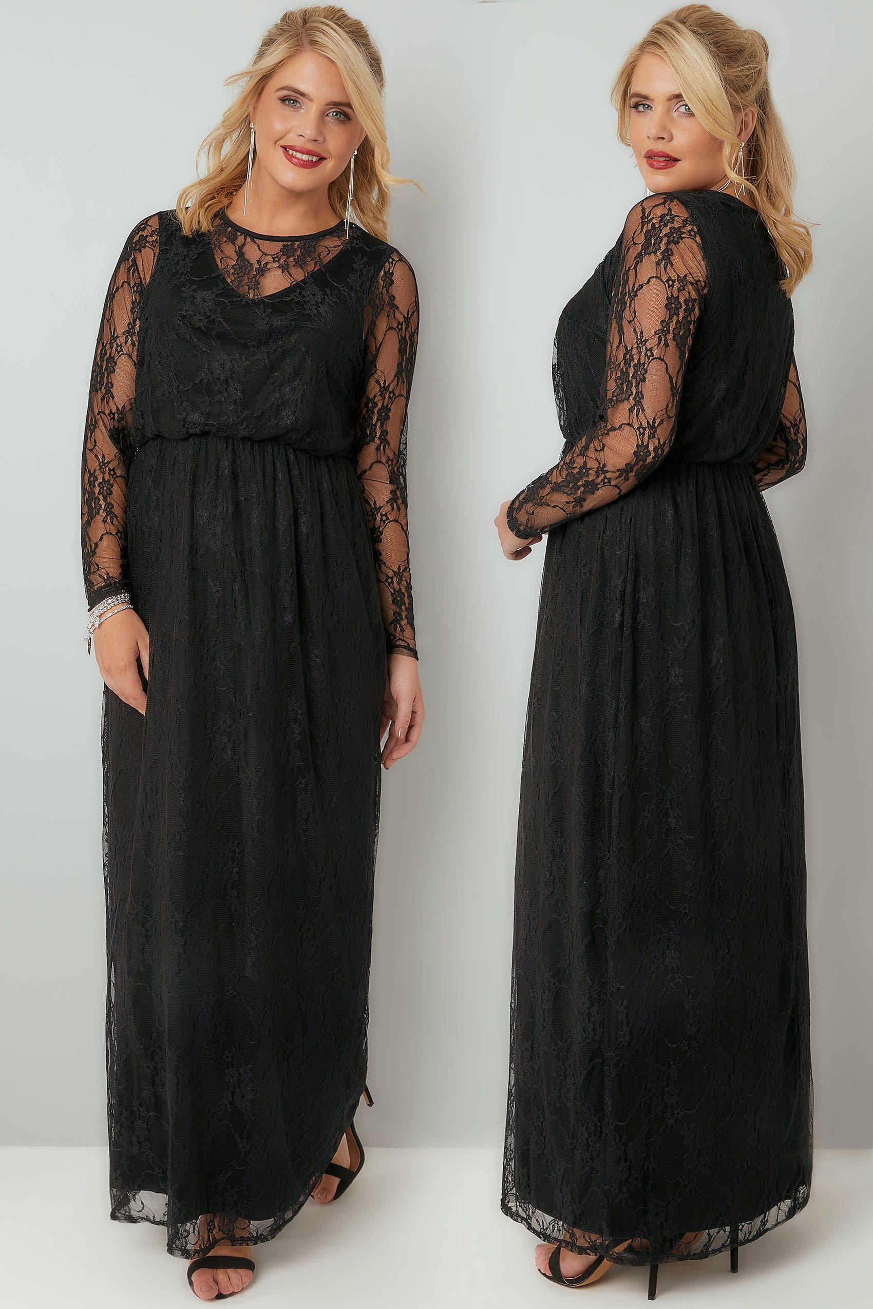 Black Lace Long Sleeve Maxi Dress With Elasticated Waist, Plus size 16 ...
