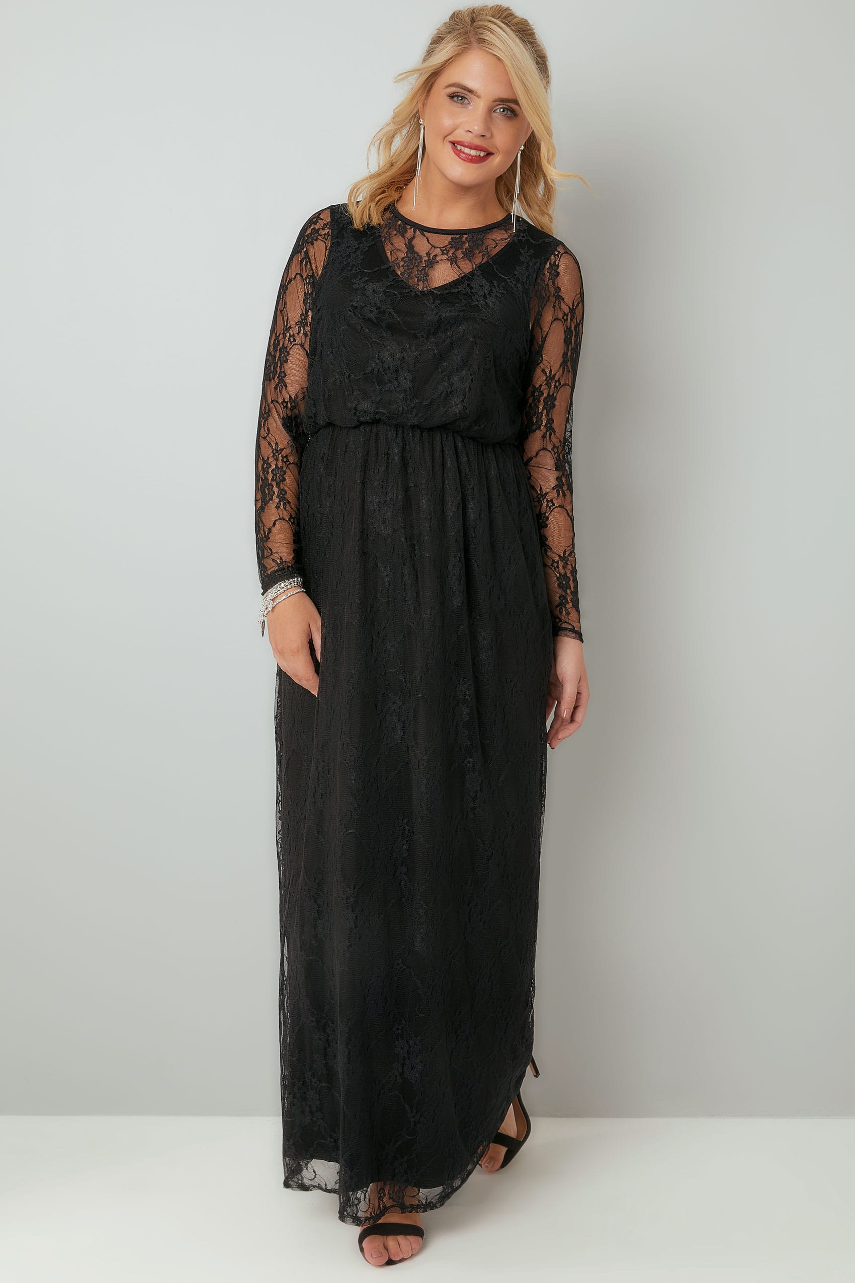 Black Lace Long Sleeve Maxi Dress With Elasticated Waist, Plus size 16 ...