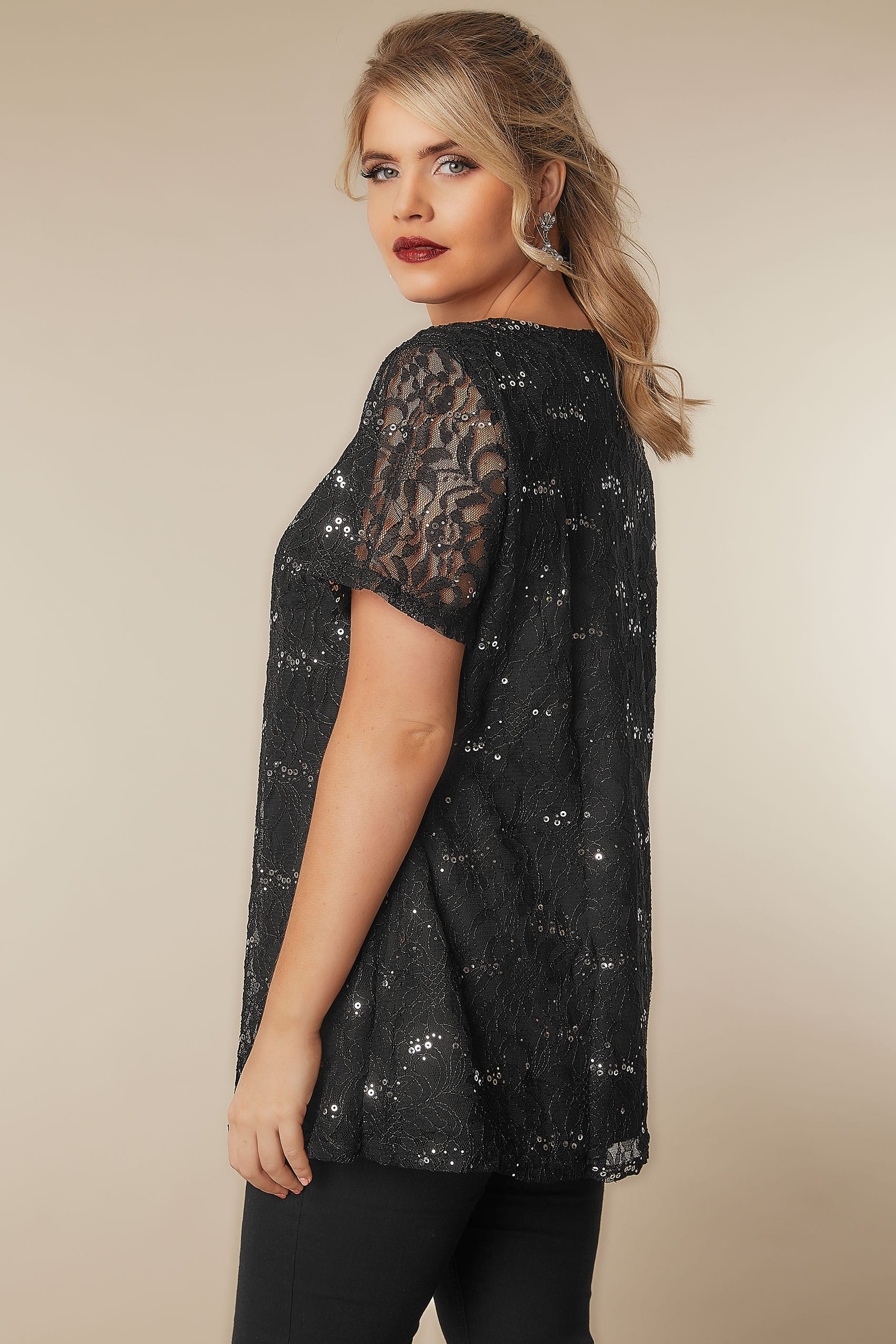 Black Lace Shell Top With Sequin Details, Plus size 16 to 36
