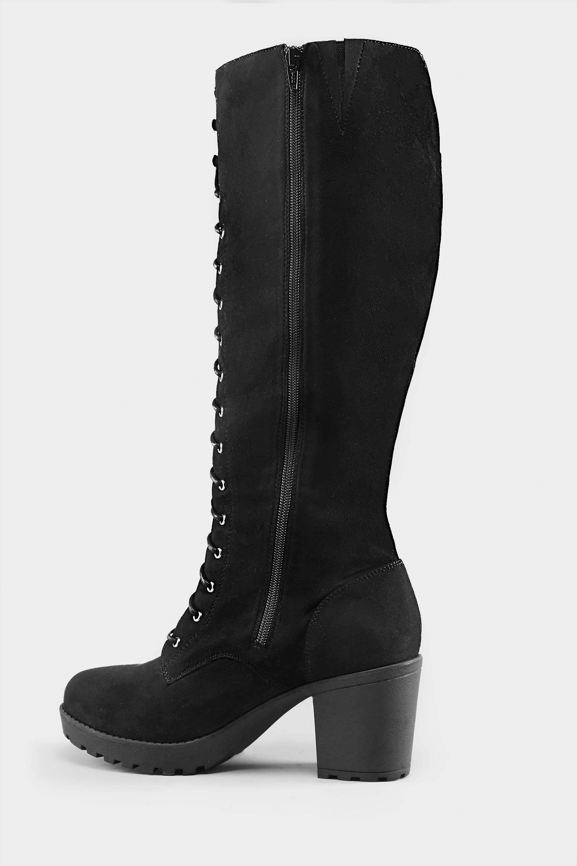 Black Lace Up Heeled Knee High Boots In EEE Fit, Sizes 5EEE to 10EEE