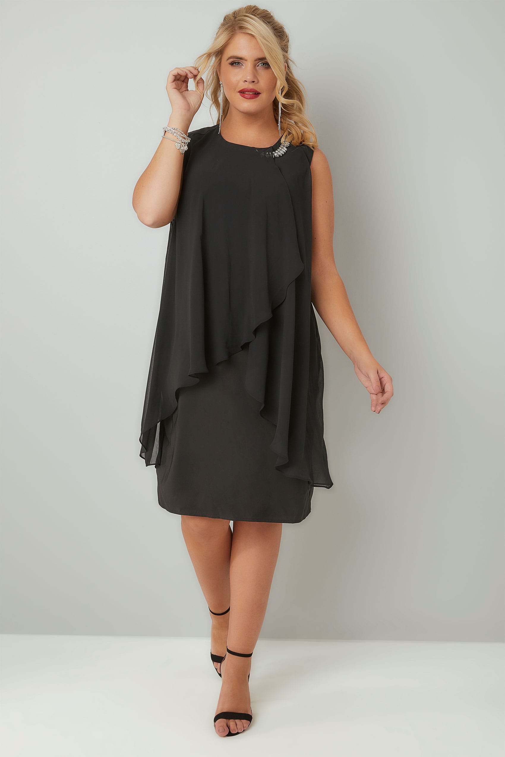 Black Layered Front Dress With Detachable Diamante Trim plus size 16 to 36