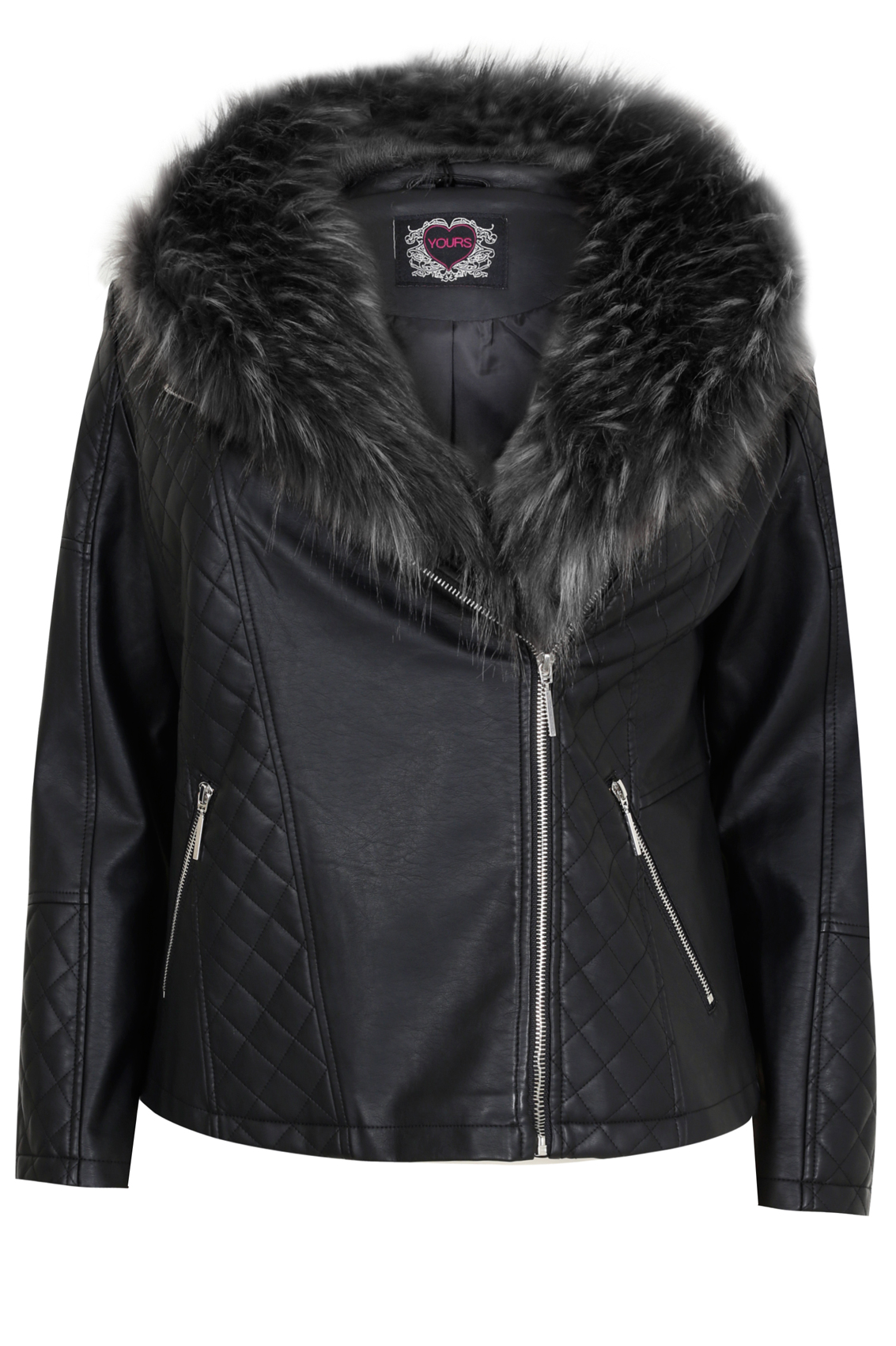 Black Leather Look Jacket With Large Faux Fur Collar Plus size 18,20,22 ...