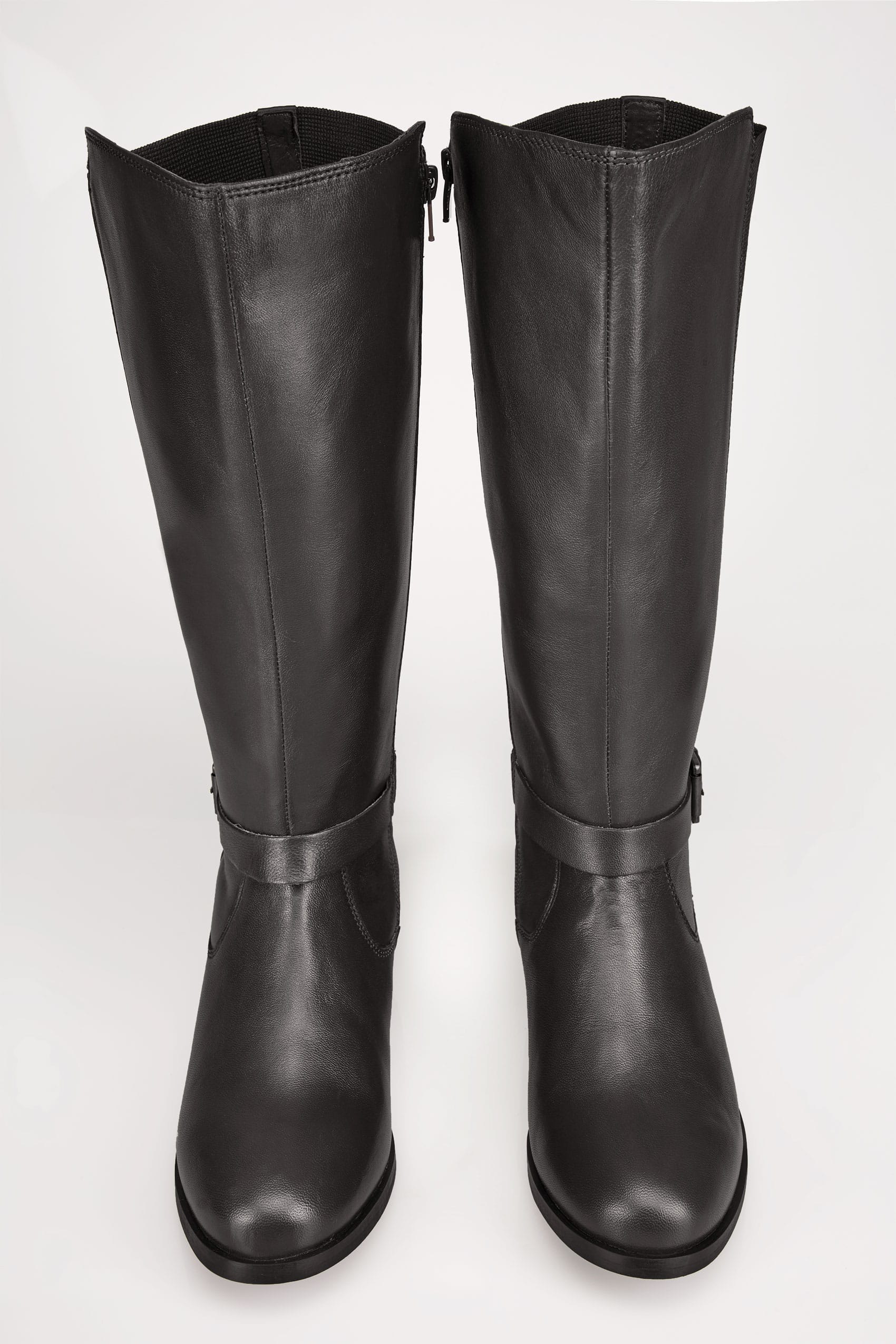 Black Leather Riding Boots With Stretch Panels In EEE Fit