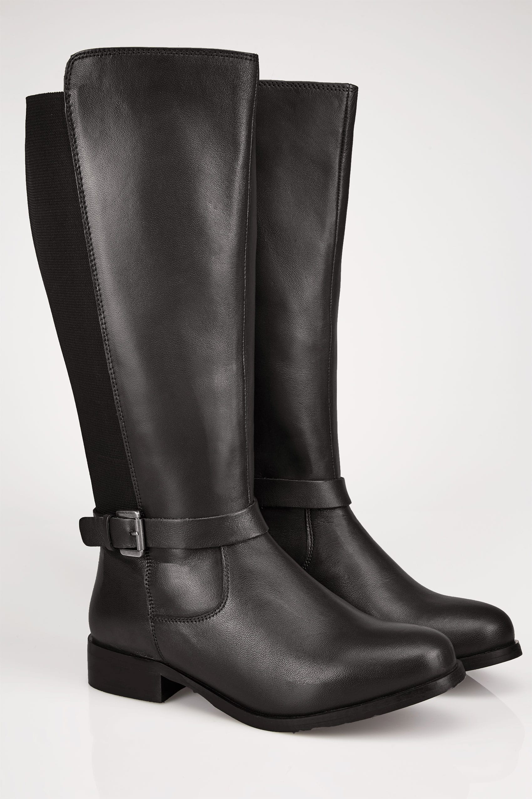 Download Black Leather Riding Boots With Stretch Panels In EEE Fit