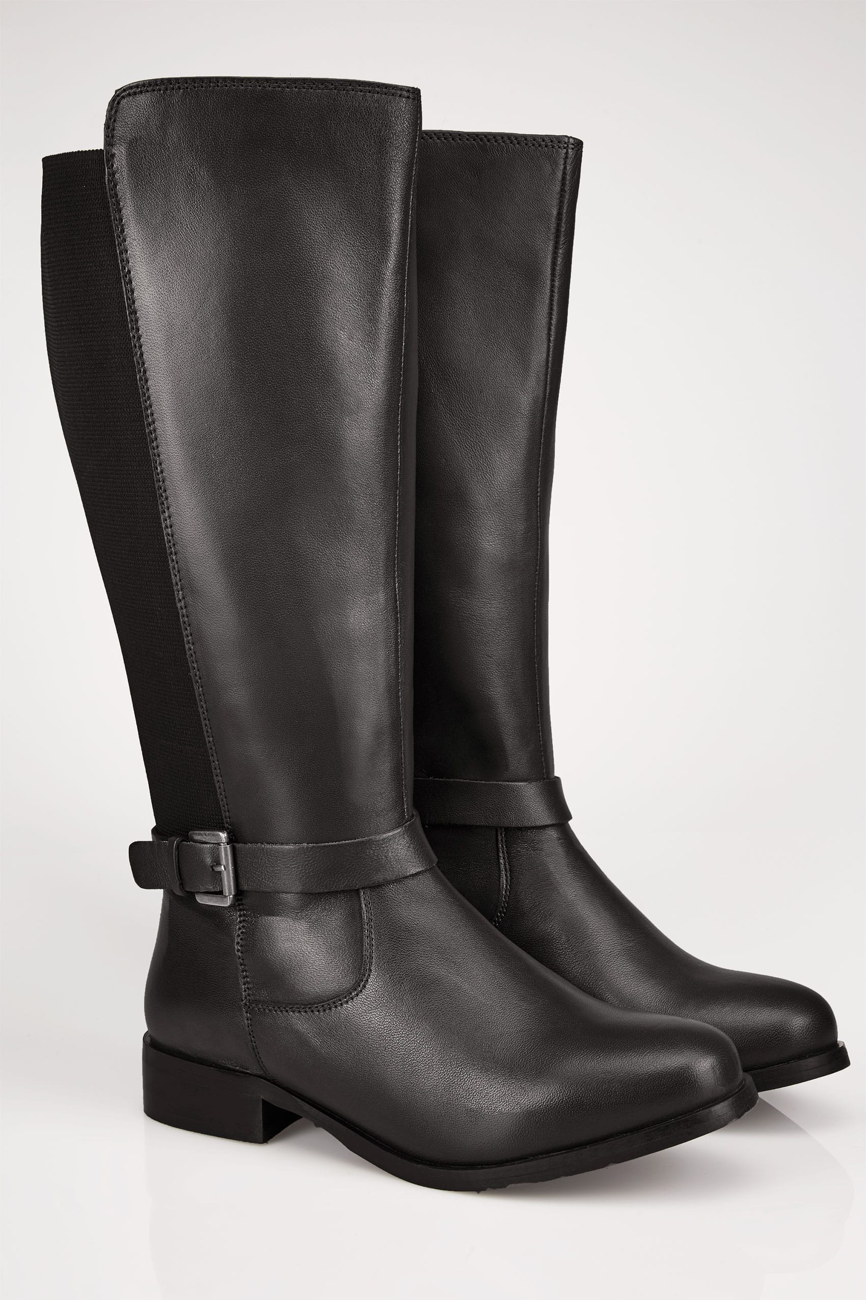 Black Leather Riding Boots With Stretch Panels In Eee Fit 8246