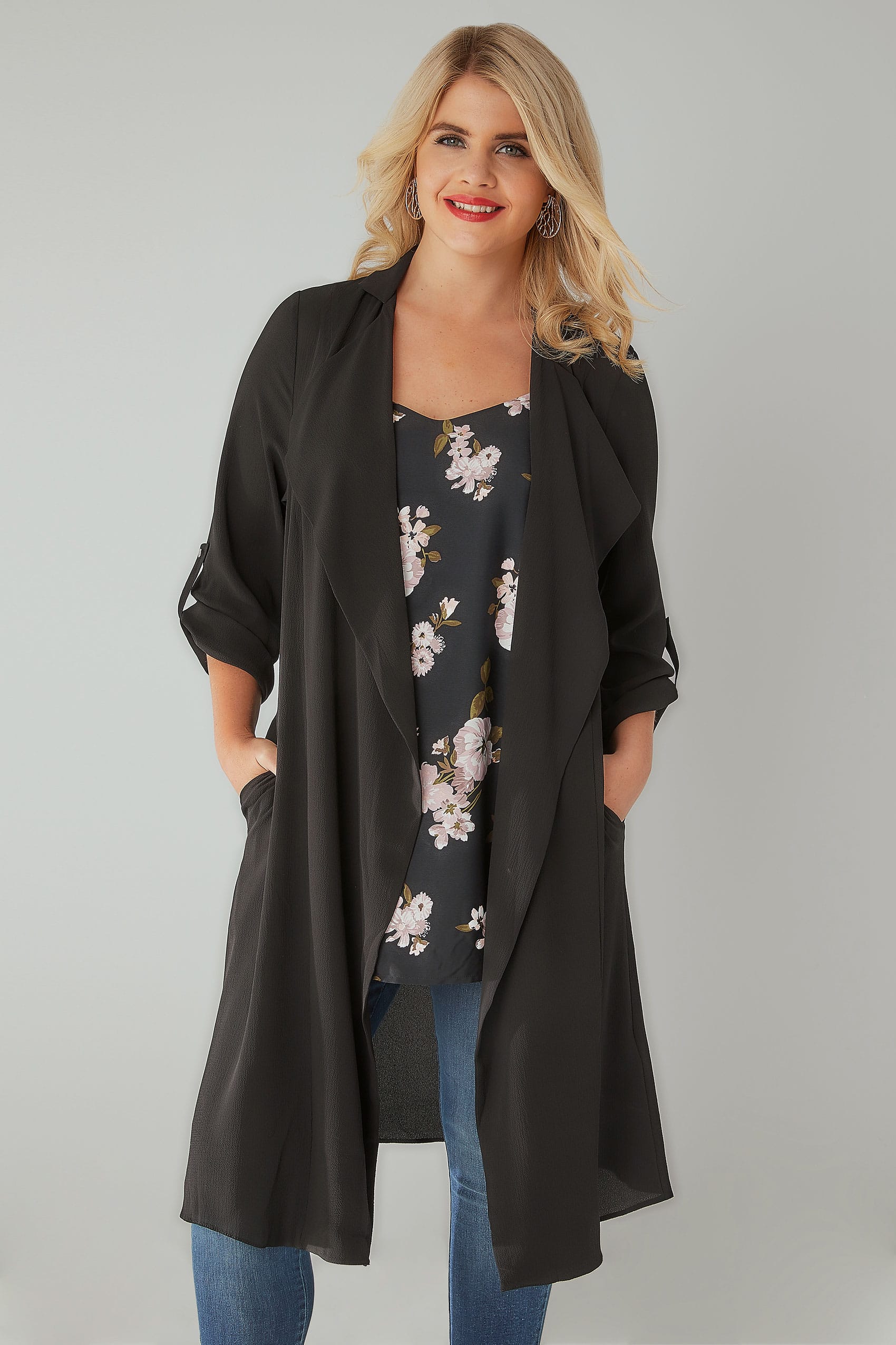 Black Lightweight Duster Jacket With Waterfall Front, Plus size 16 to 36