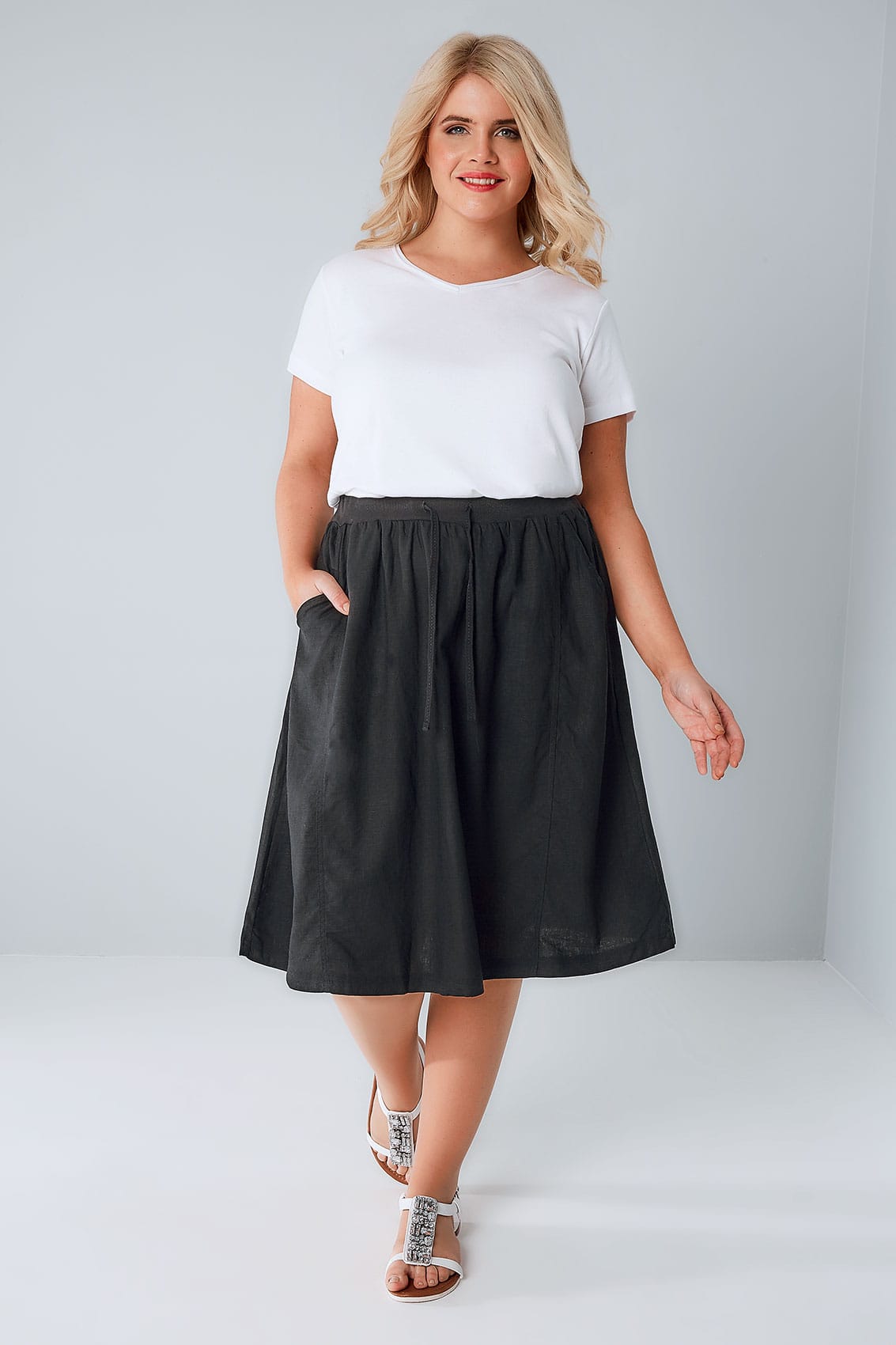 Black Linen Midi Skirt, Plus size 16 to 36