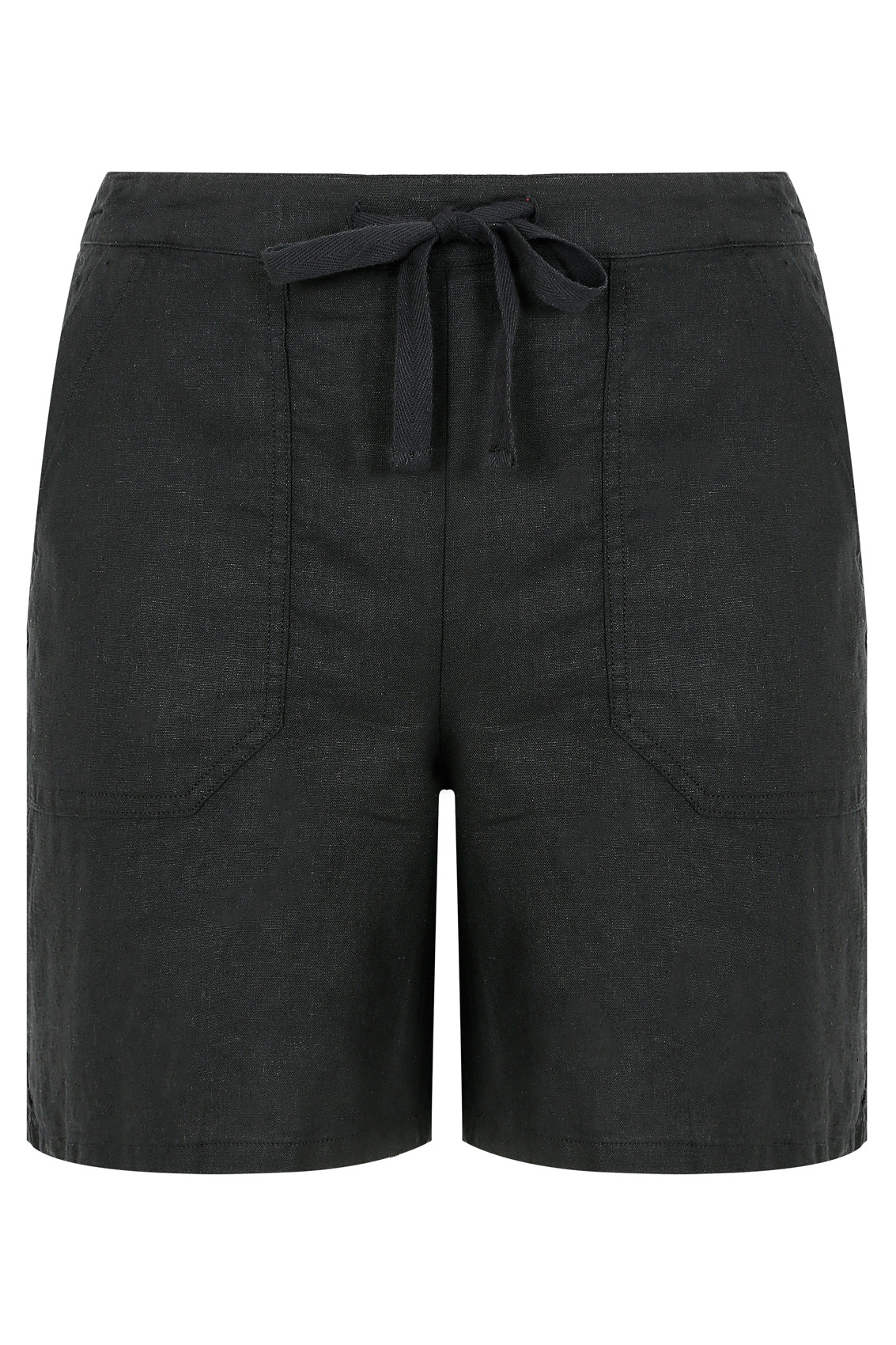 Black Linen Mix Pull On Shorts With Pockets, Plus size 16 to 36
