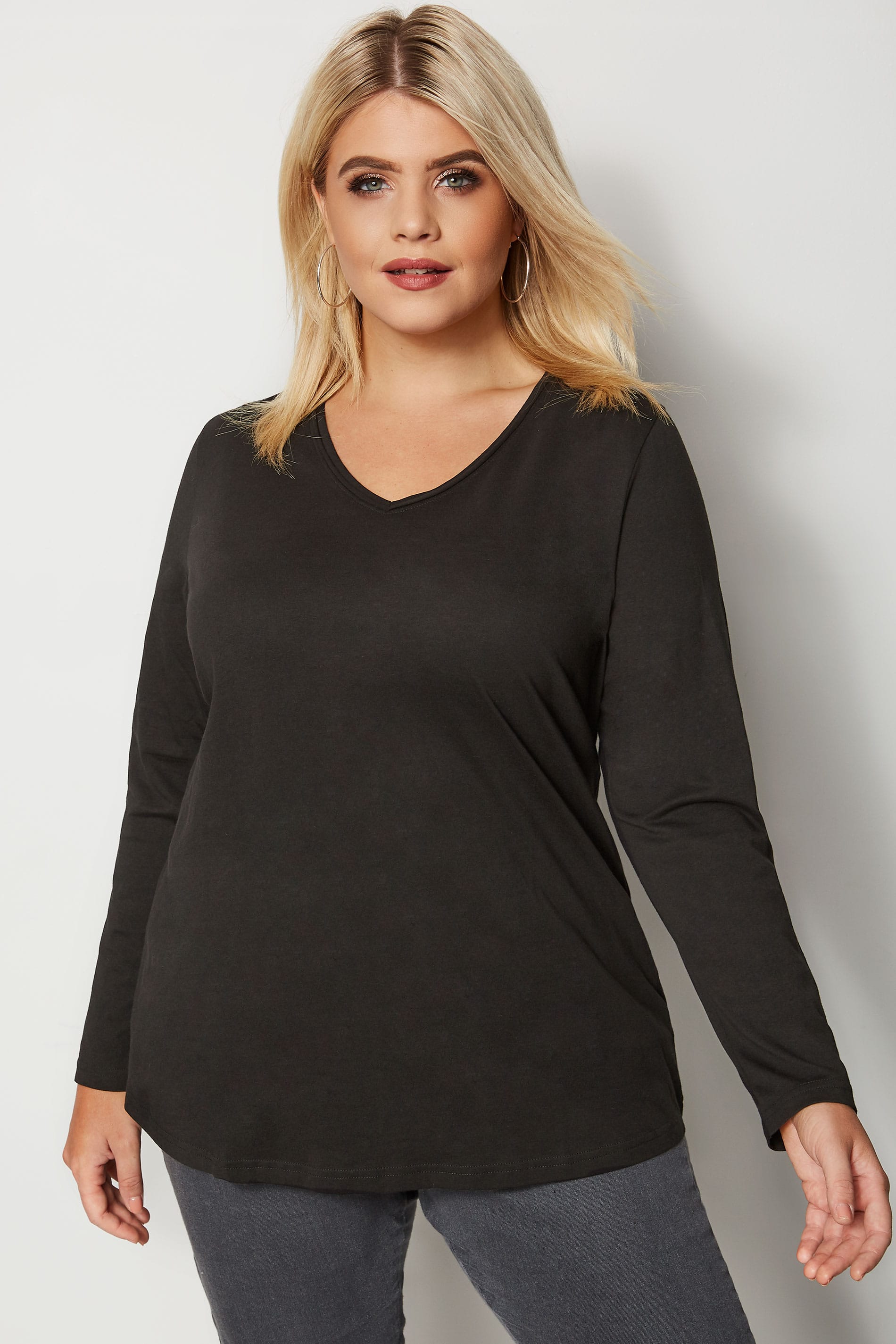 Dark Grey Long Sleeved V-Neck Jersey Top, Plus size 16 to 36
