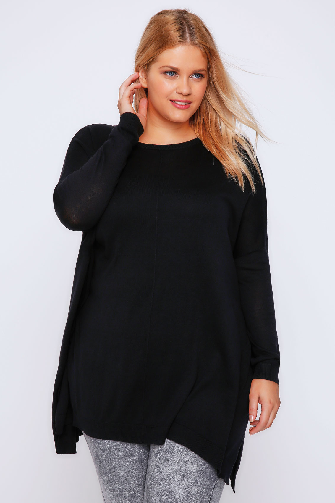 Black Longline Batwing Slouch Jumper With Side Slits Plus Size 14 To 32