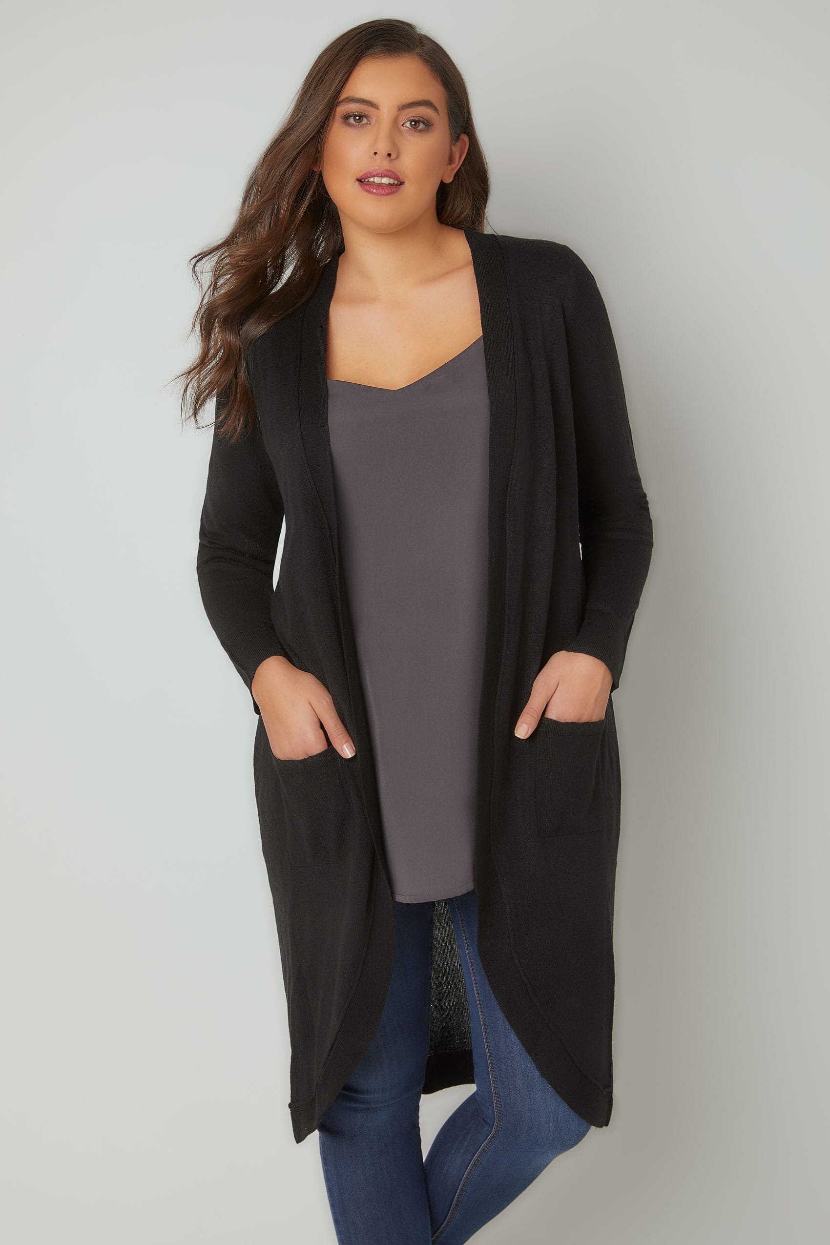 Black Longline Cardigan With Pockets, Plus size 16 to 36