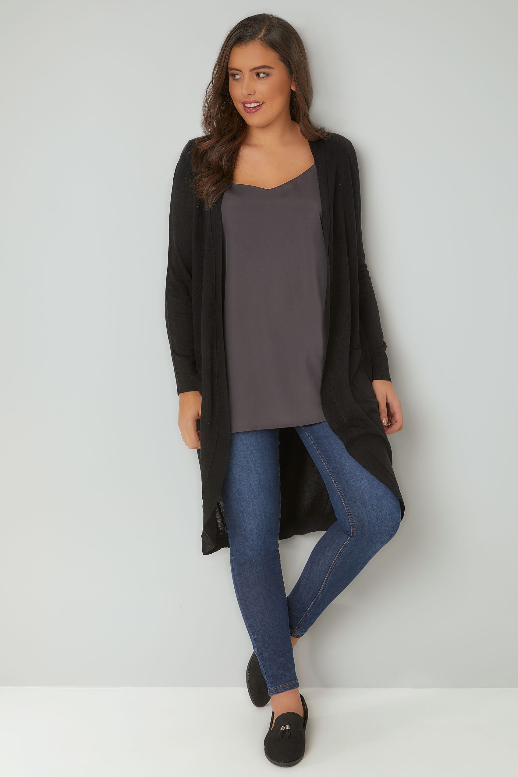 Black Longline Cardigan With Pockets, Plus size 16 to 36