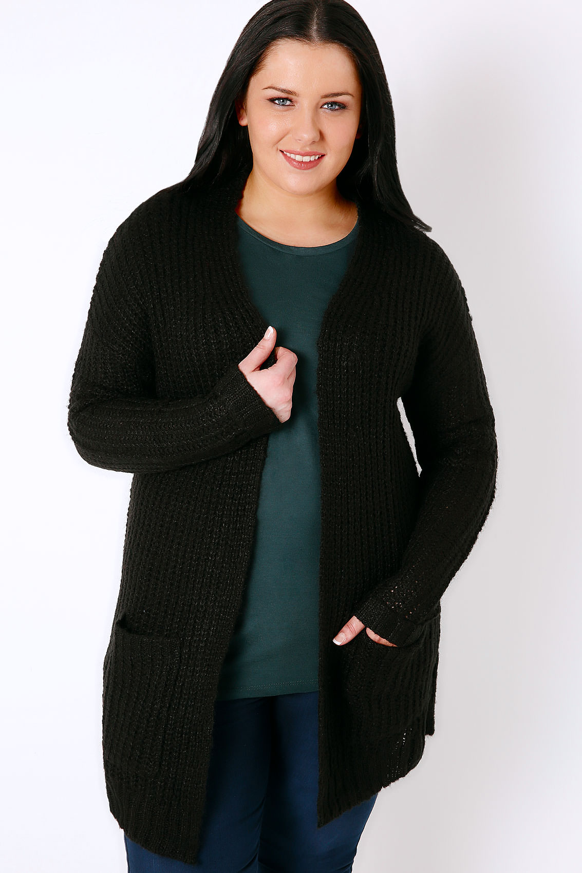 Black Longline Chunky Knit Cardigan With Pockets, Plus Size 16 to 32