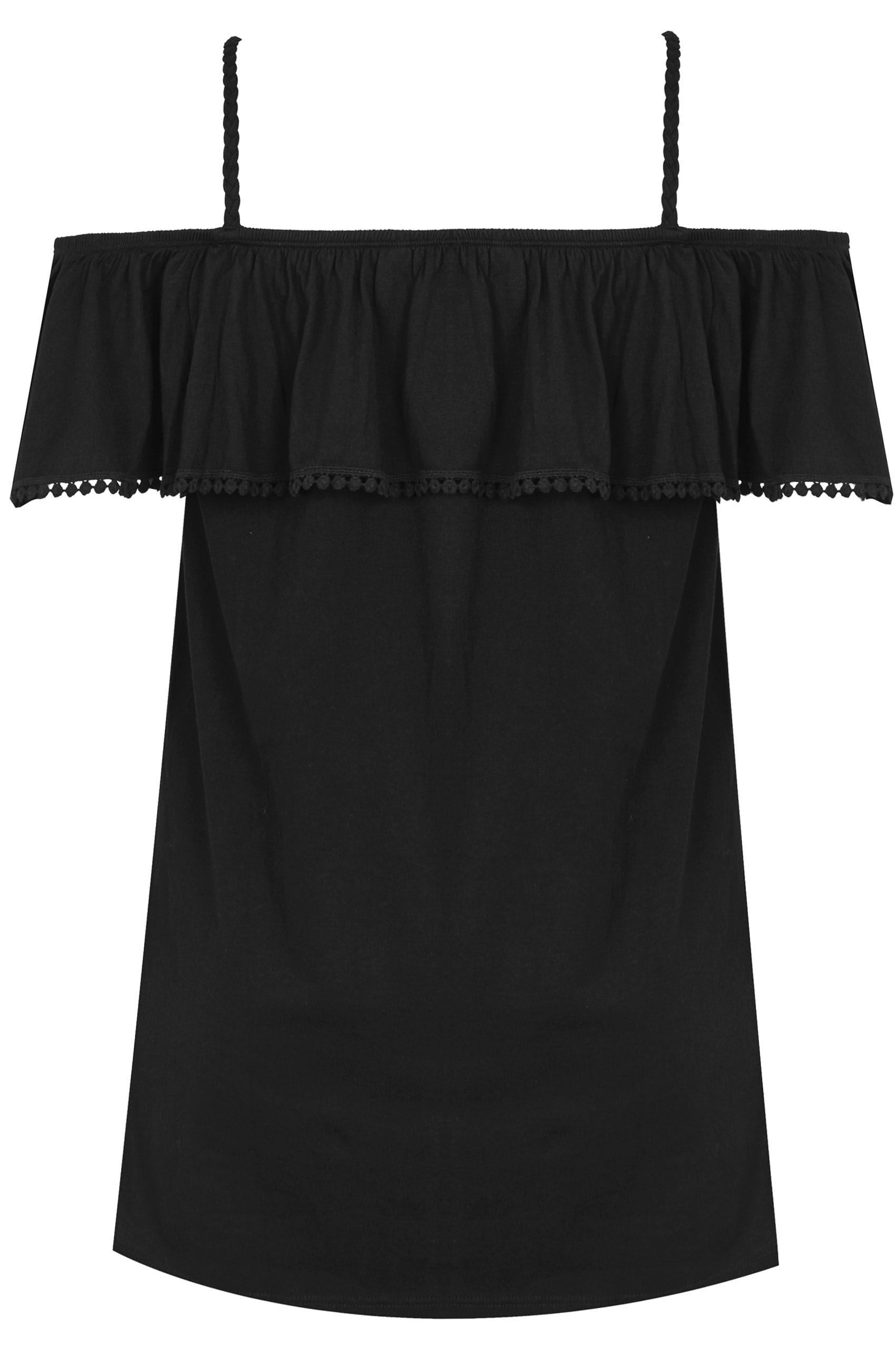 Black Frilled Bardot Top, plus size 16 to 36