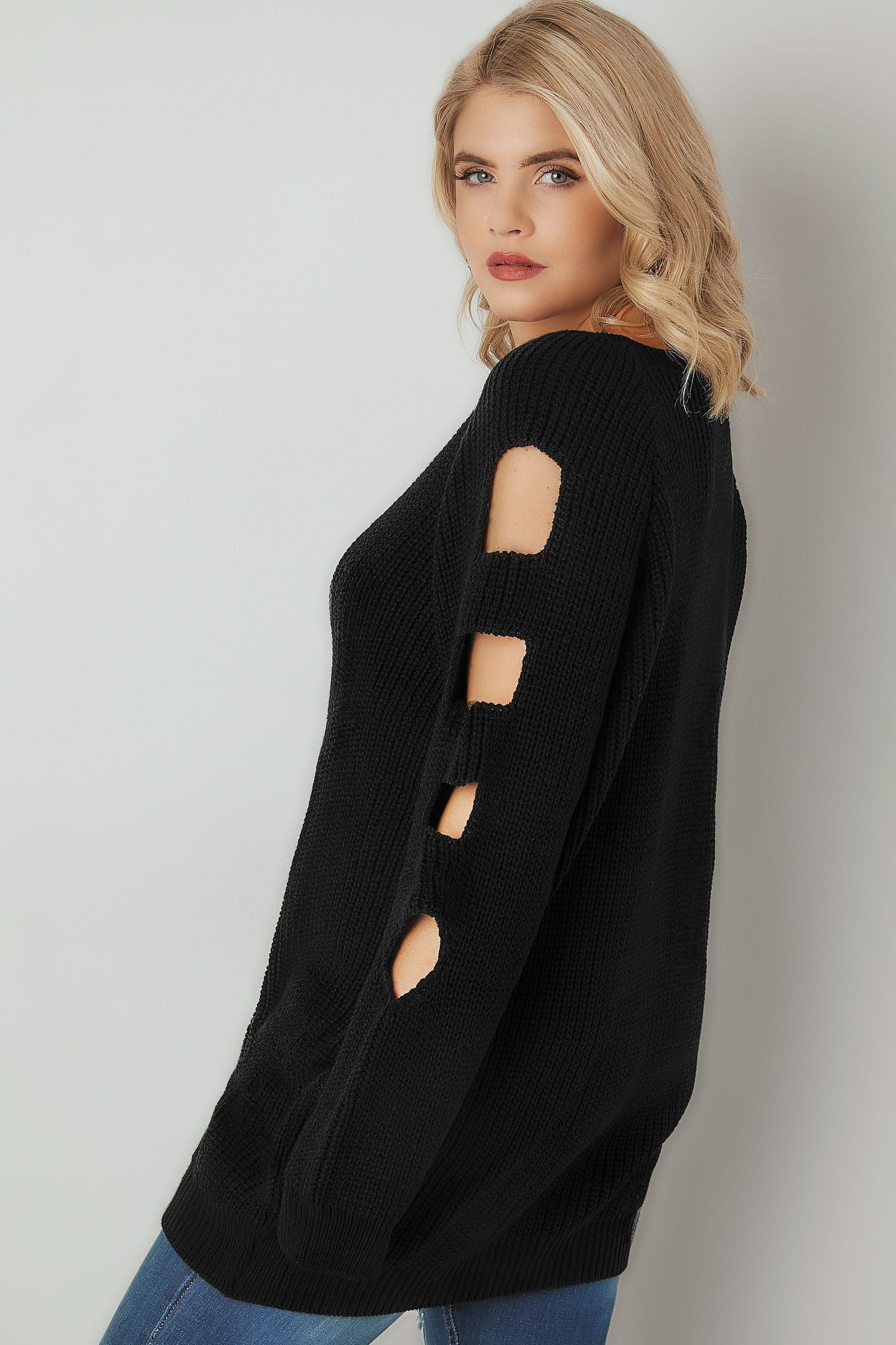 Black Longline Knitted Jumper With Cut Out Sleeves, plus