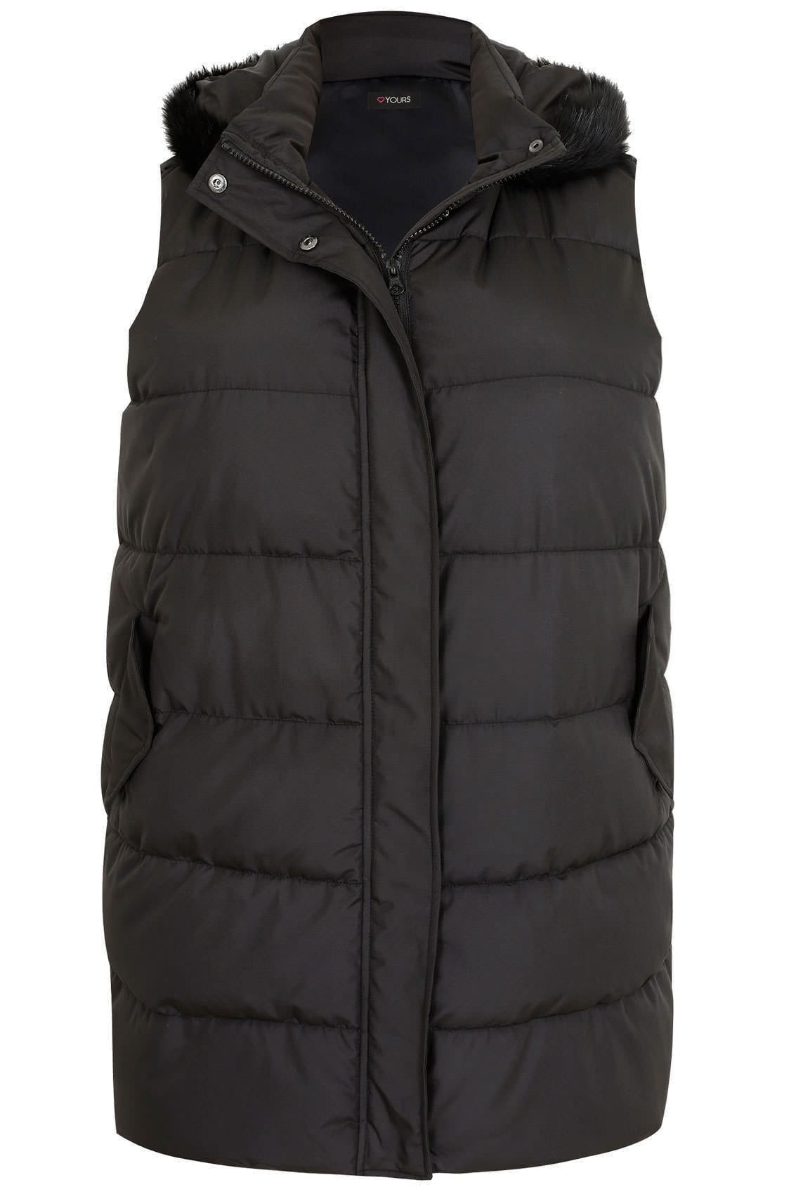 Black Longline Padded Gilet With Faux Fur Trim Hood, Plus size 16 to 36