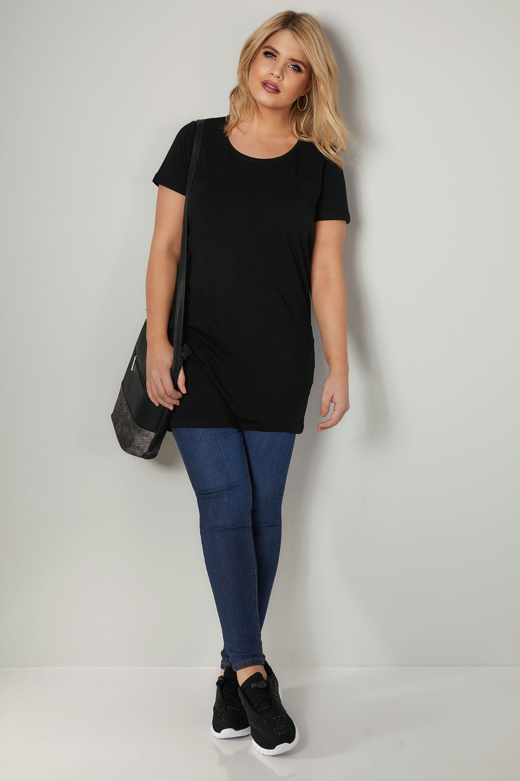 Black Longline T-Shirt With Scooped Neck, Plus size 16 to 36