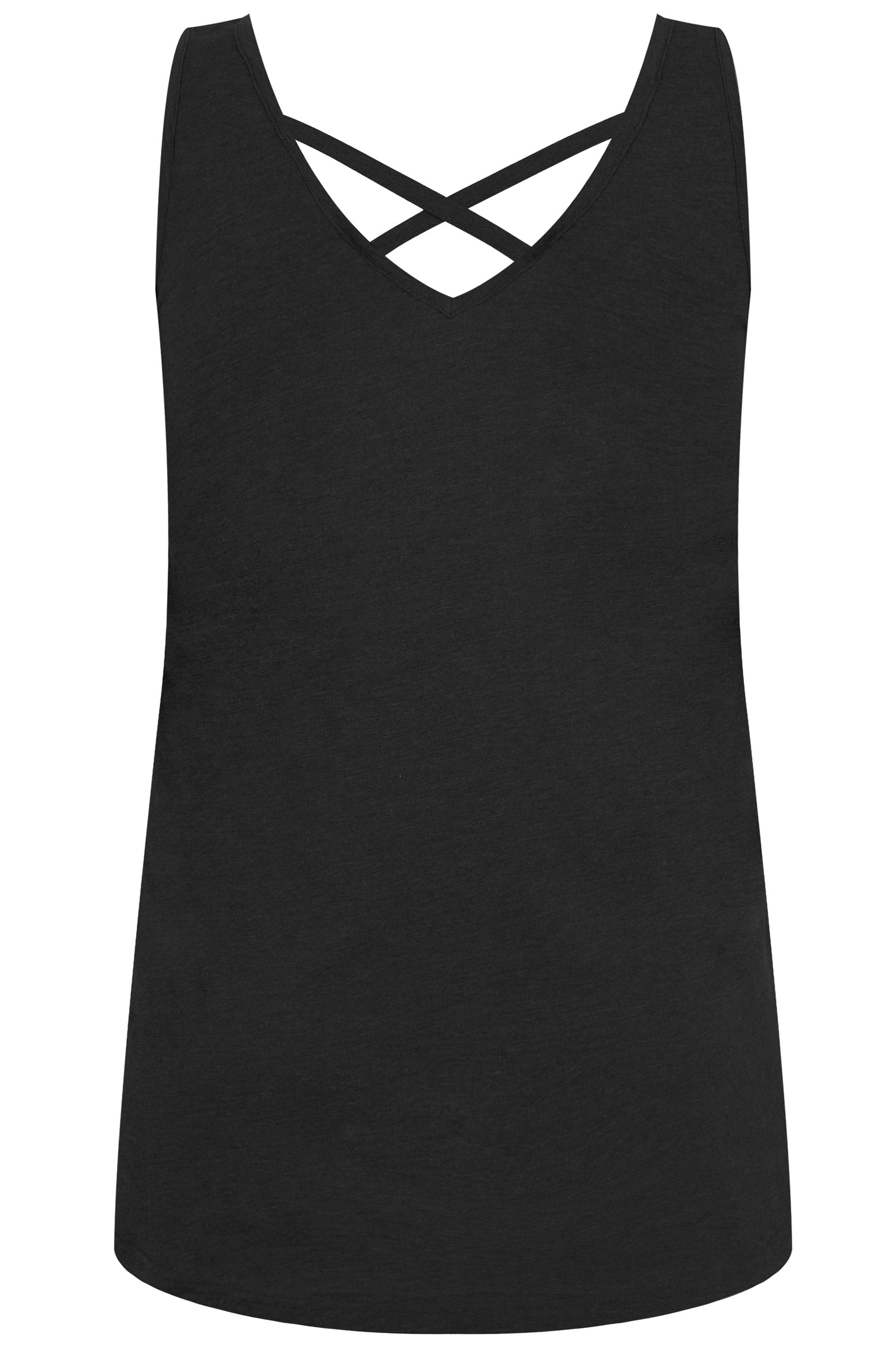 Black Longline Vest Top With Cross Over Straps, plus size 16 to 36
