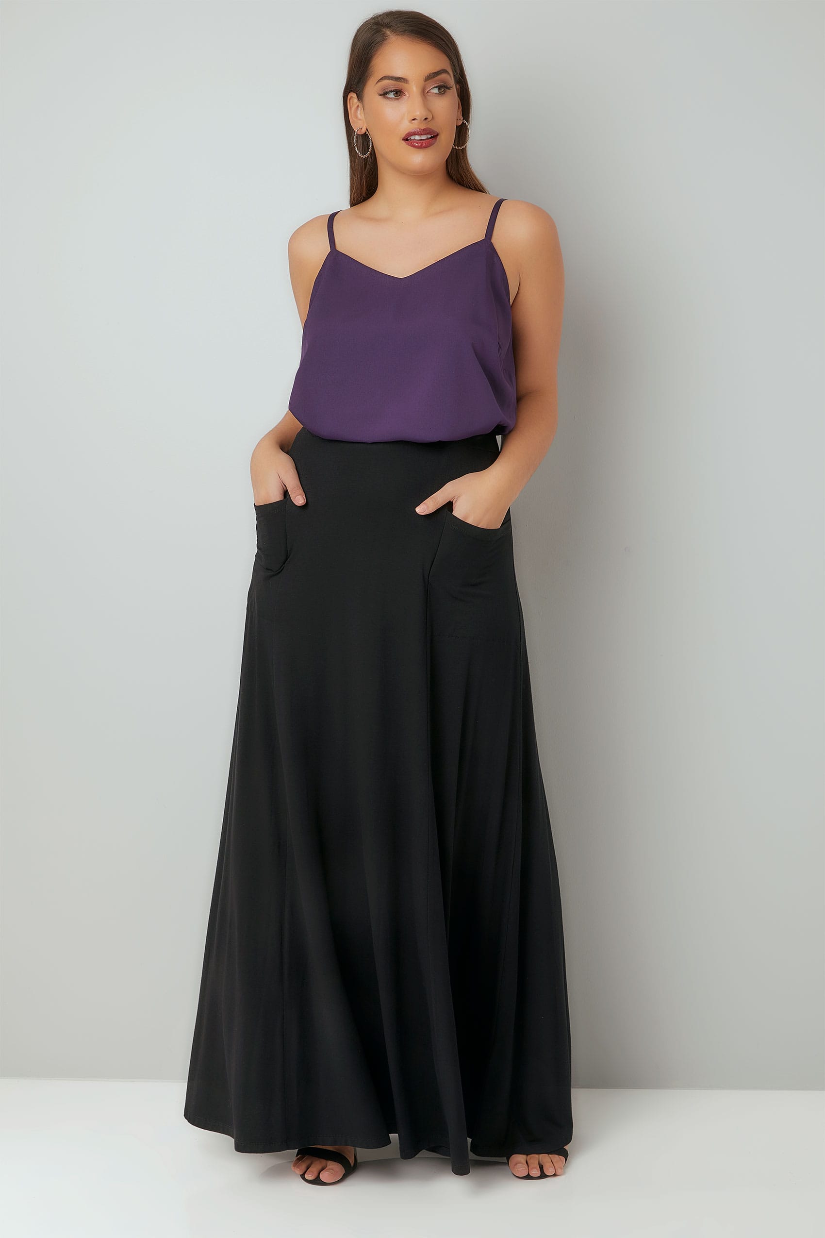 Black Maxi Jersey Skirt With Pockets Plus Size 16 To 36 9476