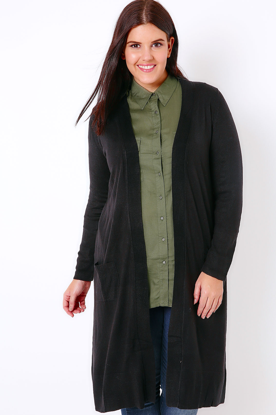 Black Maxi Knit Cardigan With Pockets Plus Size 16 to 36