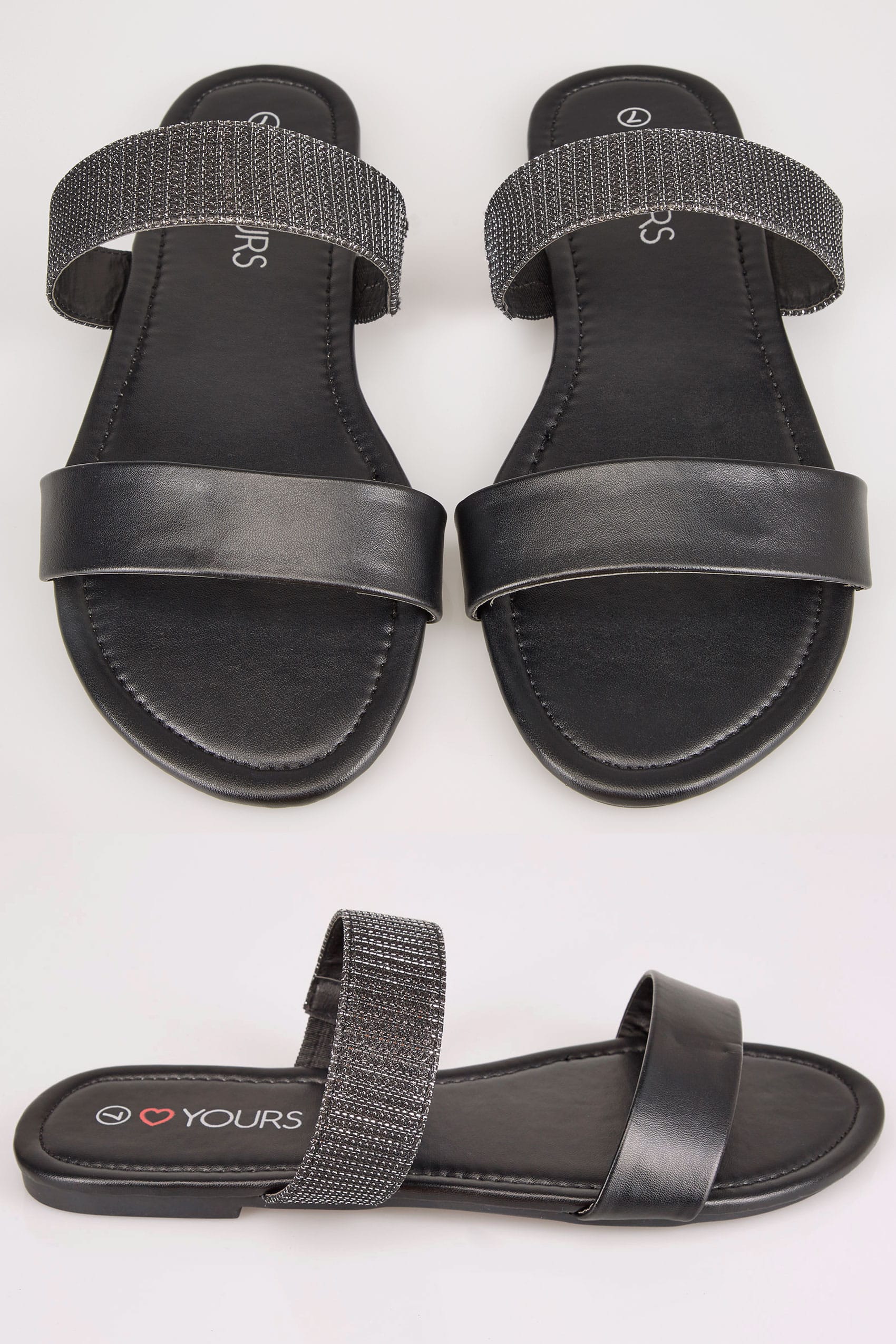 Black Double Strap Slider Sandals In Eee Fit