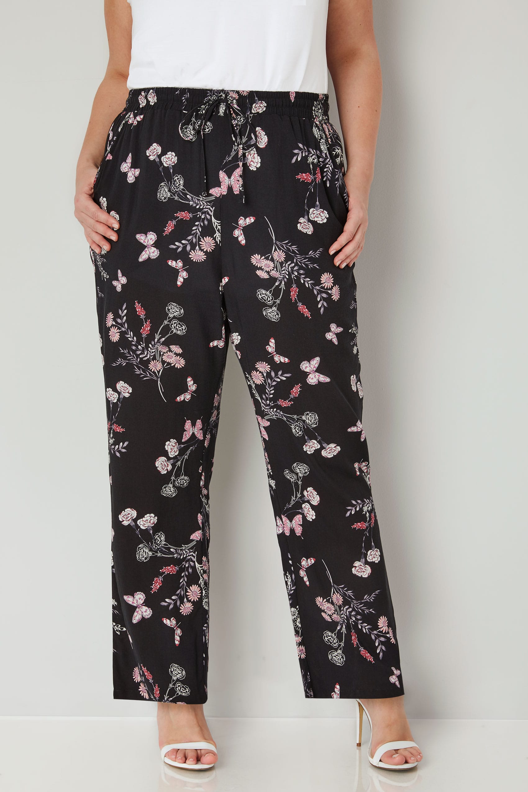 Black & Multi Butterfly & Floral Print Wide Leg Trousers, plus size 16 ...