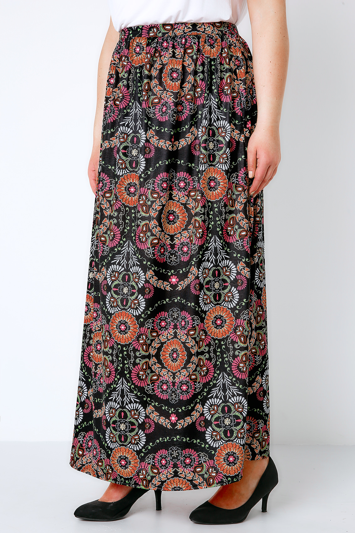 Black & Multi Circle Gypsy Print Jersey Maxi Skirt Plus size 16 to 36
