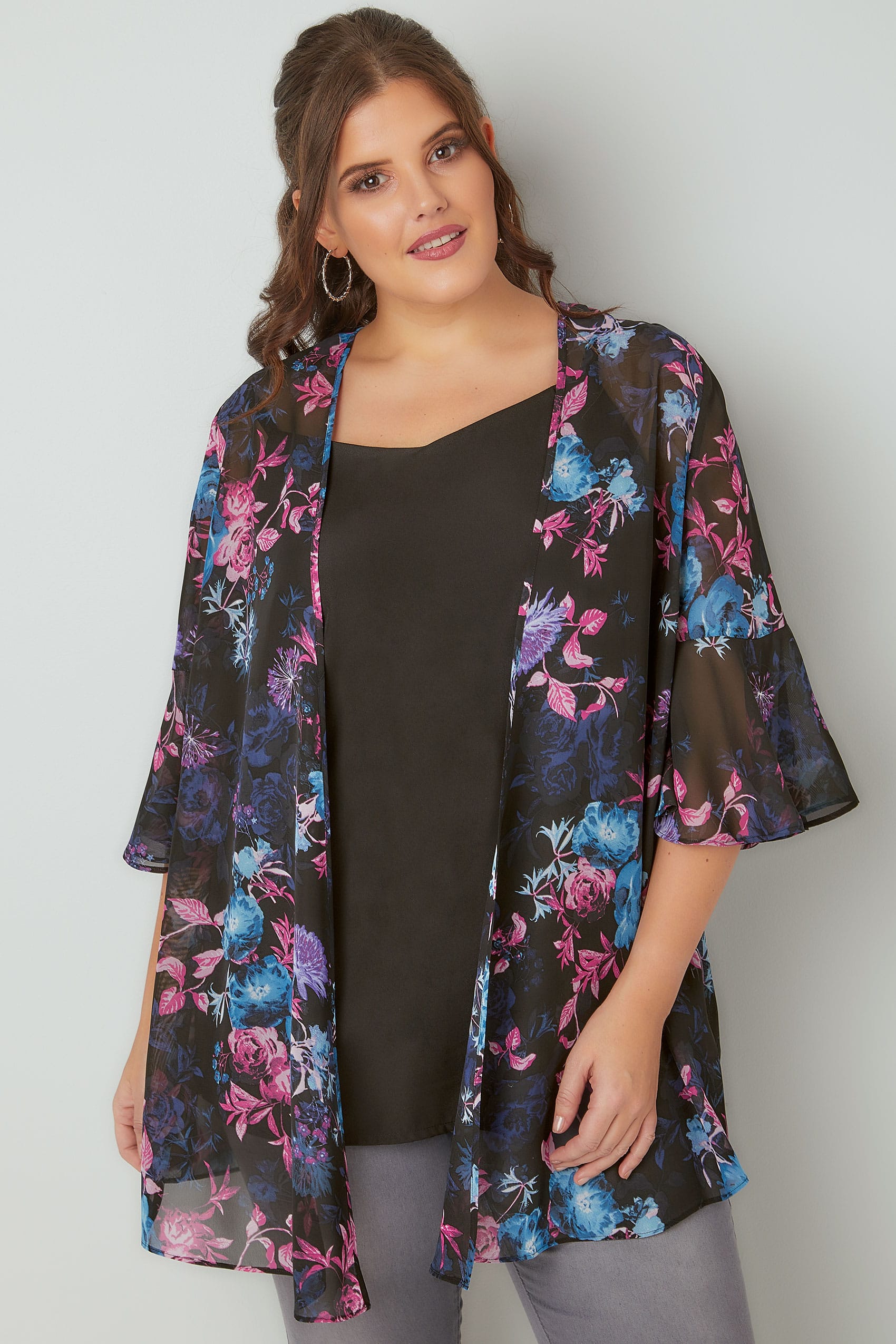 Black And Multi Dark Floral Chiffon Kimono With Flute Sleeves Plus Size 16 To 36 