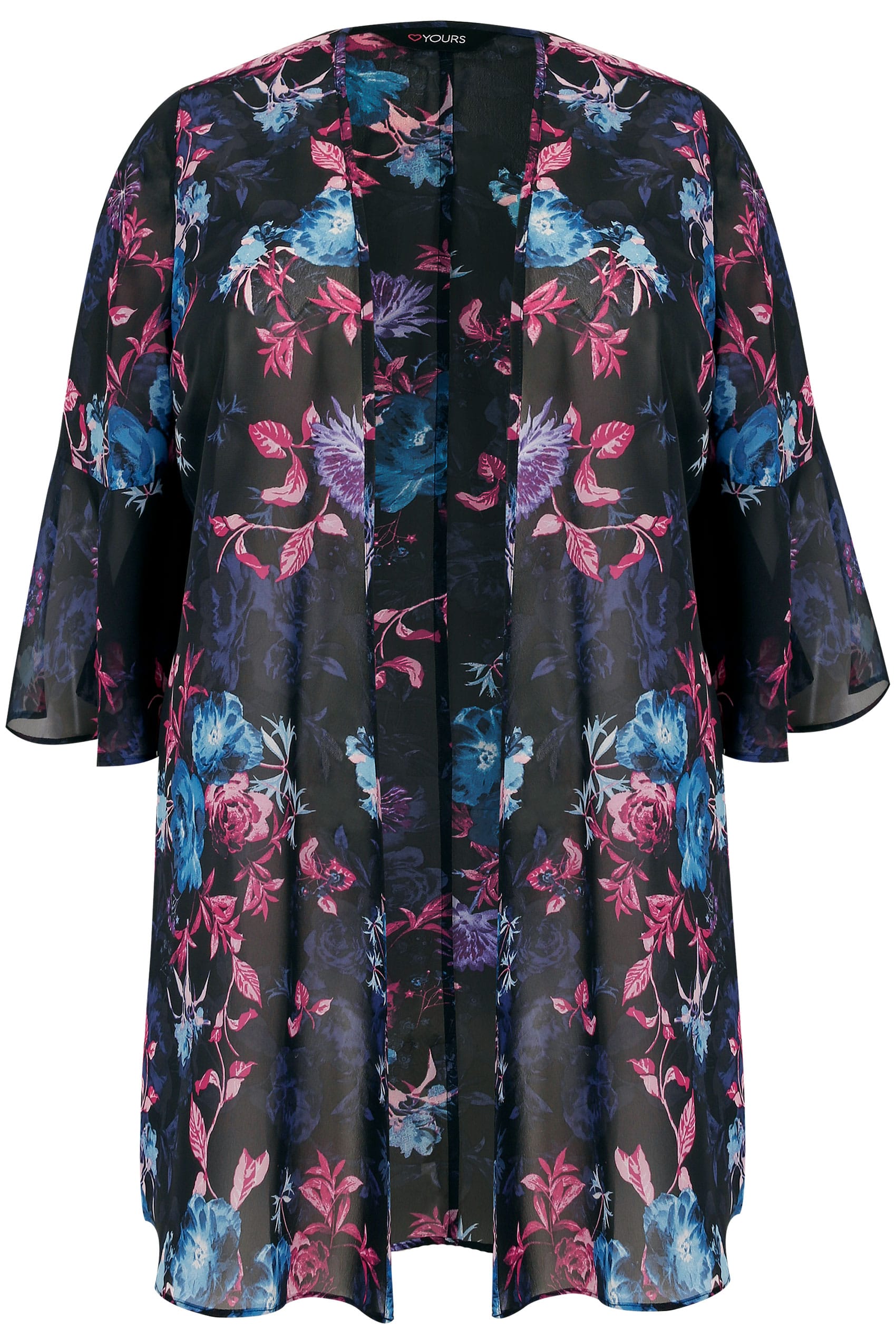 Black & Multi Dark Floral Chiffon Kimono With Flute Sleeves, Plus size ...