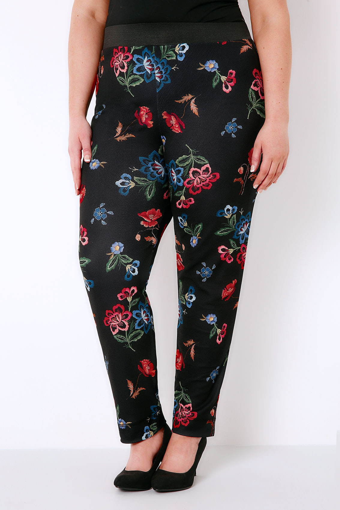 Black & Multi Floral Embroidery Effect Print Harem Trousers plus size ...